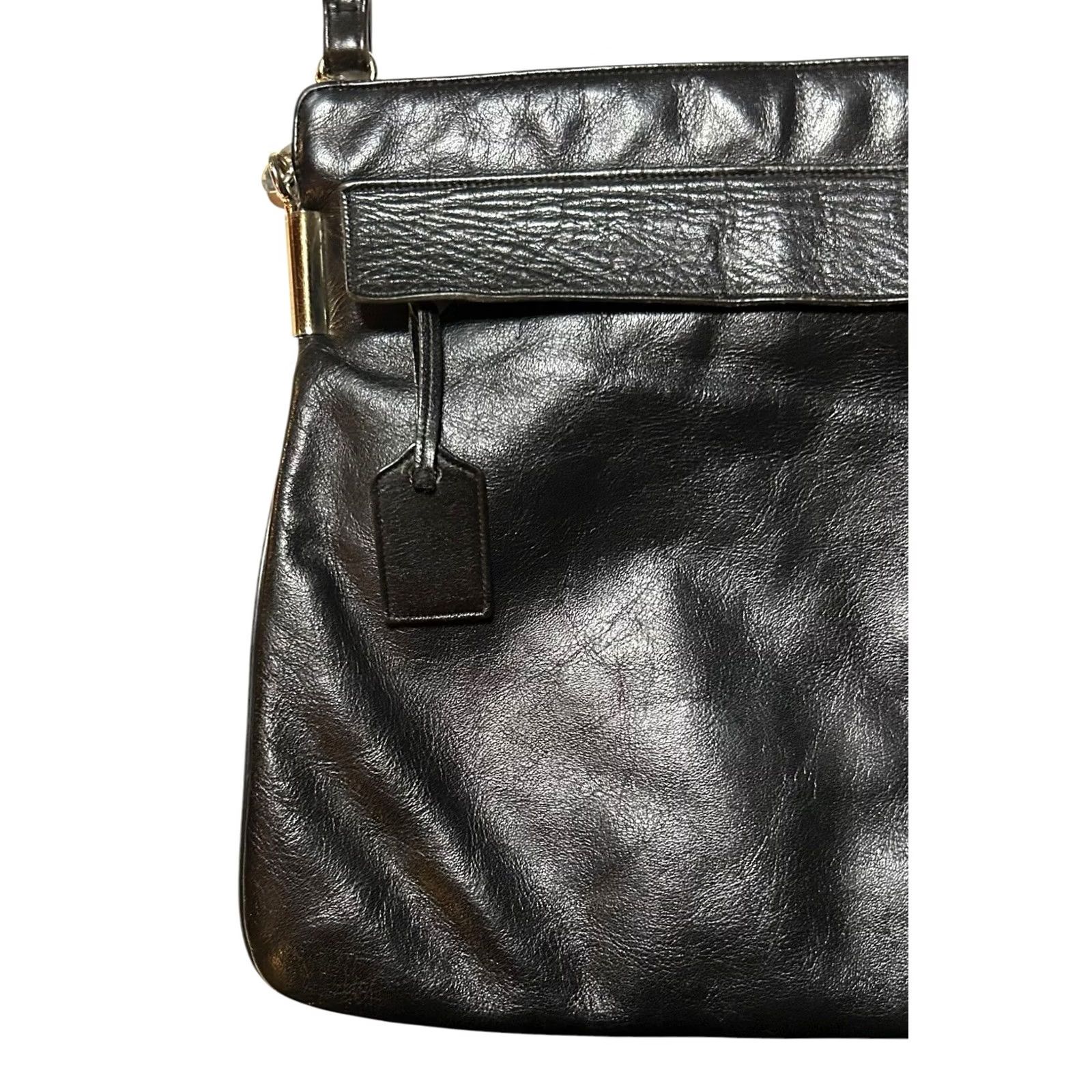 Vintage Lisette Black Leather Purse Shoulder Handbag Womens Damaged Front Pocket Clamp Metal Read Description Bag Charm Size ONE SIZE - 4 Thumbnail