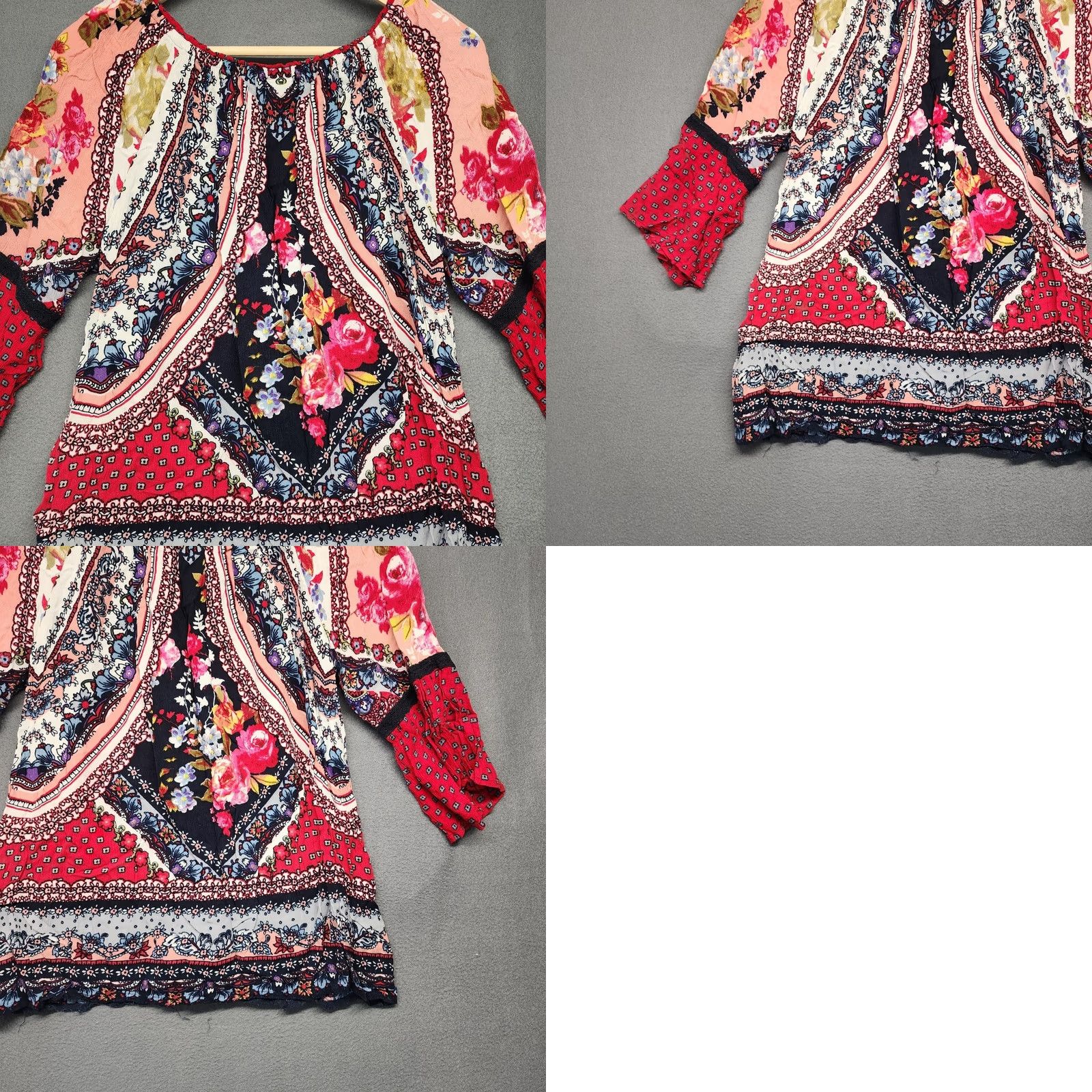Bell Bila top Womens Medium Tassel Red Floral Boho Flowy 3/4 Bell Sleeve Peasant Shirt Size M / US 6-8 / IT 42-44 - 9 Thumbnail