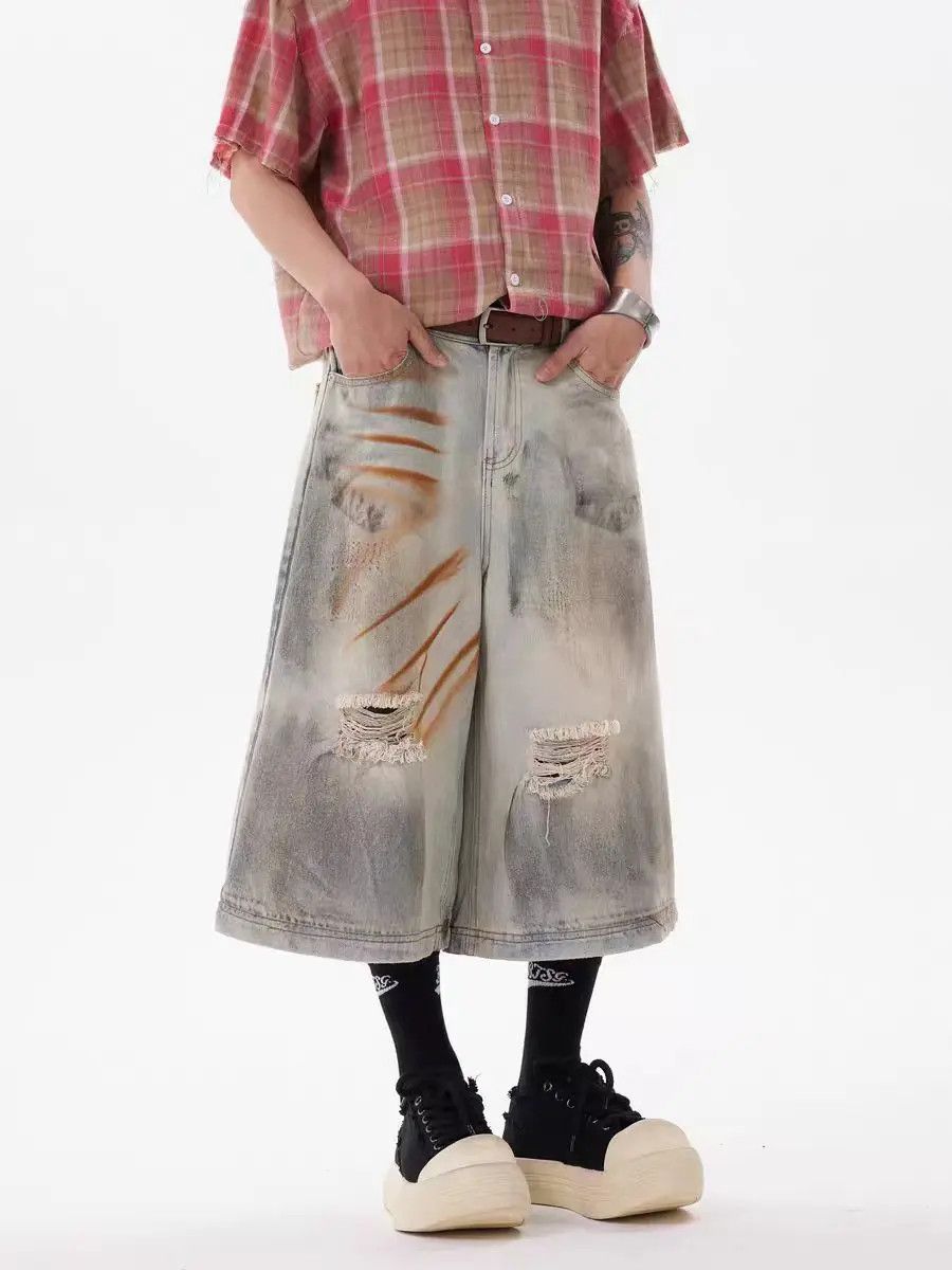 Japanese Brand × Jean Yellow clay-dyed ripped hip-hop vintage denim shorts Size US 30 / EU 46 - 1 Thumbnail