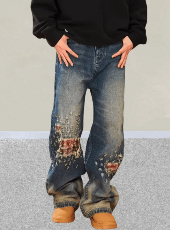 Japanese Brand Streetwear Plaid Patchwork Baggy Stacked Jeans Size US 30 / EU 46 - 1 Thumbnail