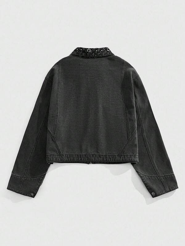 Japanese Brand Black Washed Jeans Jacket with Rhinestone Detail Size US M / EU 48-50 / 2 - 2 Thumbnail