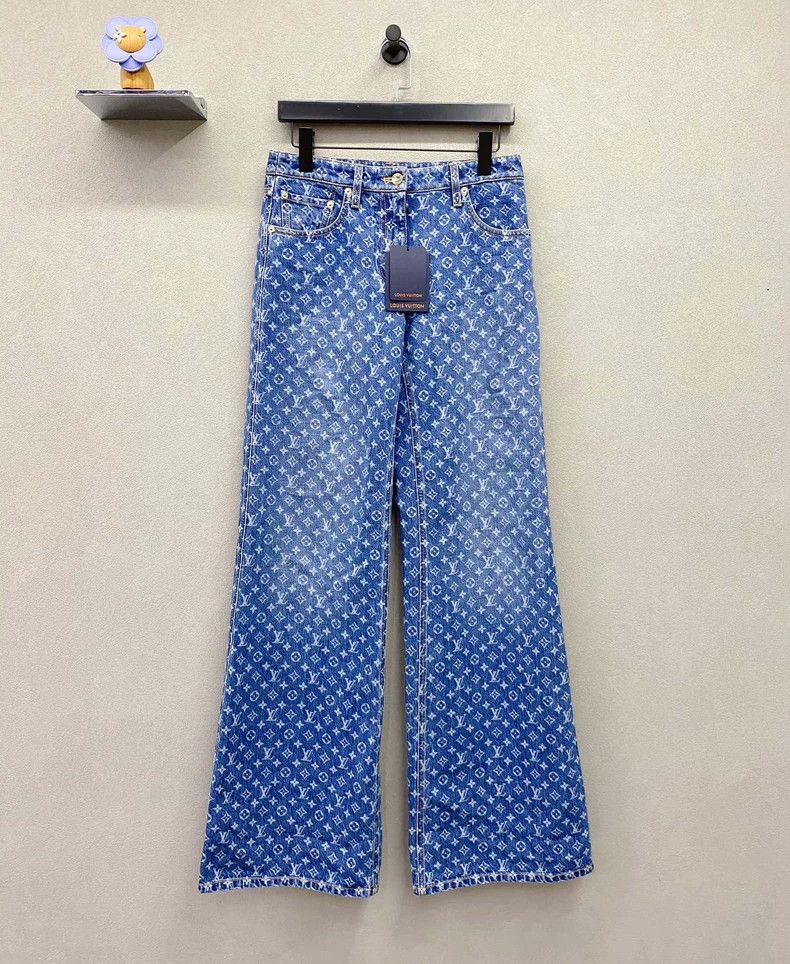 Blue Floral Patterned Long Denim Pants - dmc