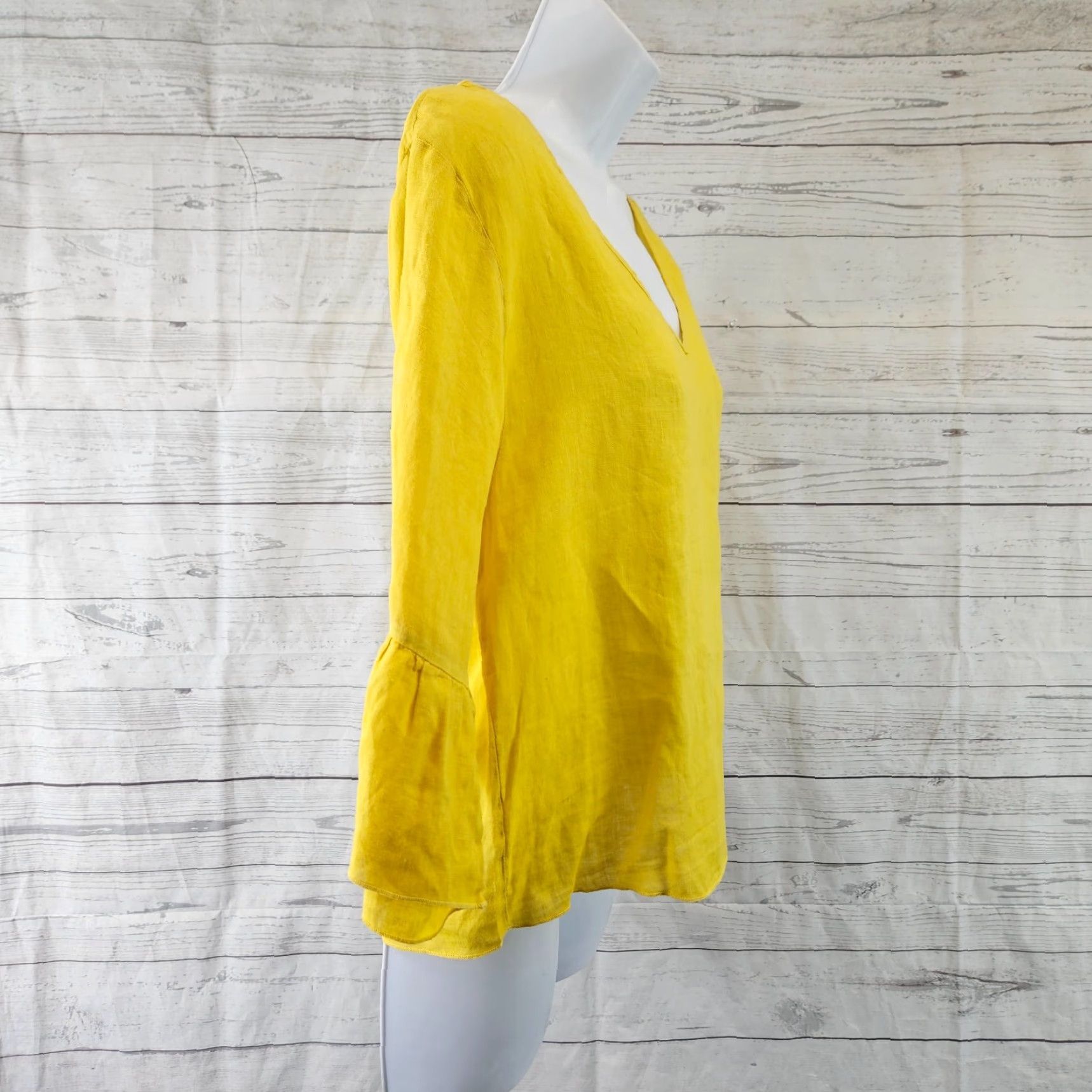 Vintage Three Dots Blouse Womens Linen Top Size Small Solid Yellow V-Neck 3/4 Sleeve Size S / US 4 / IT 40 - 3 Thumbnail