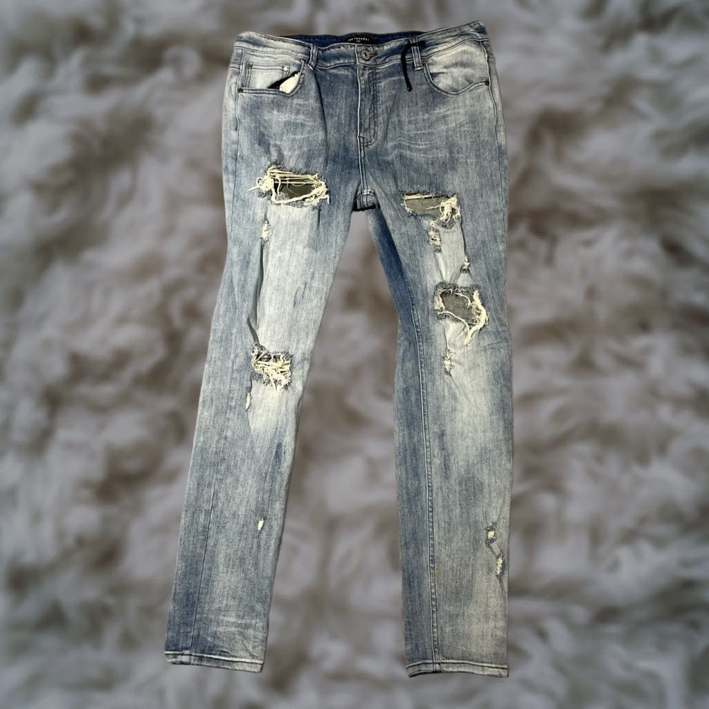 Denime Serenade Jeans Men's 38x32 Slim Straight Ripped Denim Stretch Light Wash Blue Waist 38 Night Rock American Mens Jeans Size US 38 / EU 54 - 1 Thumbnail