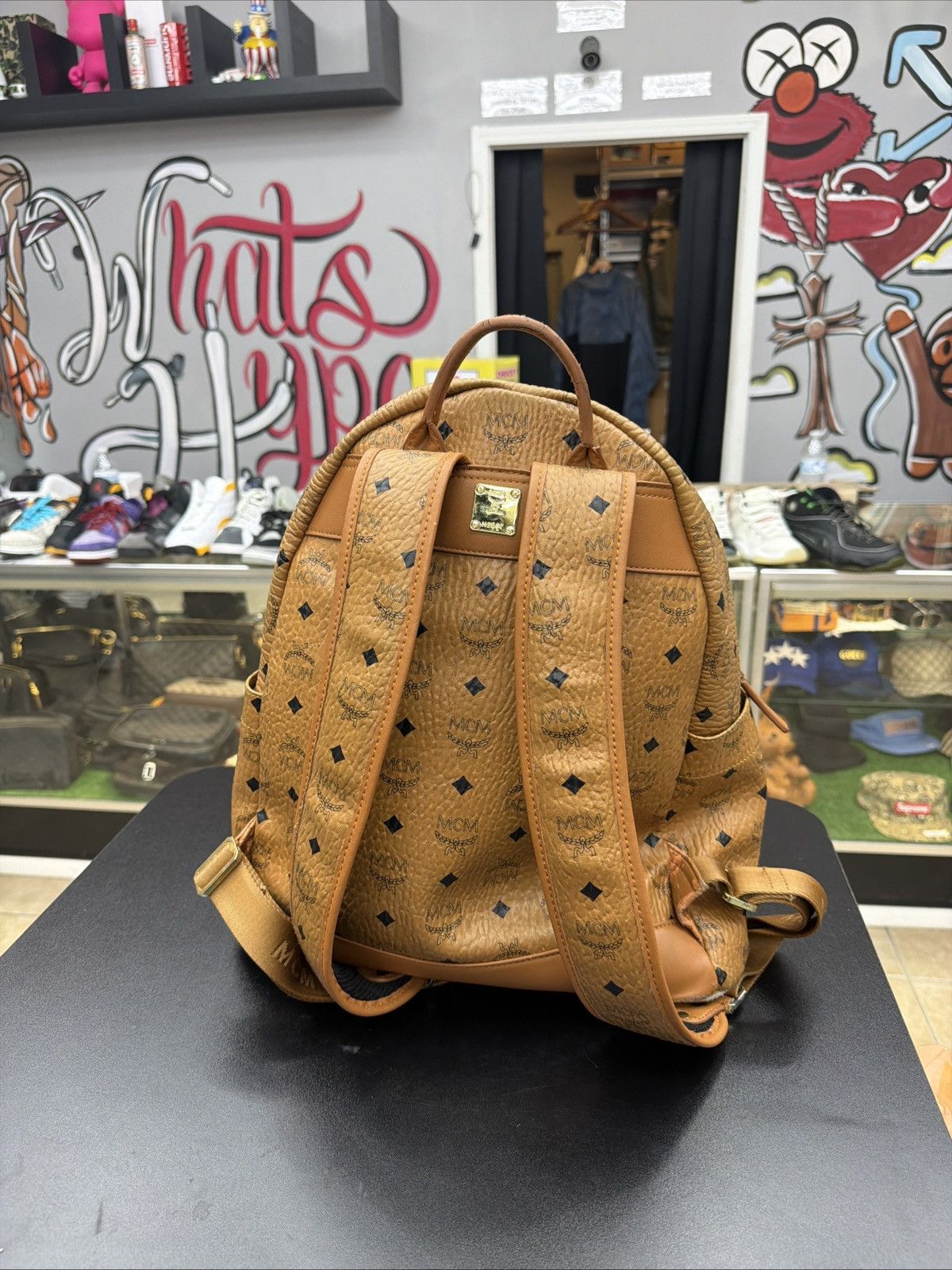 MCM MCM Visetos Medium Stark Logo Stripe Backpack Cognac Red Size ONE SIZE - 6 Thumbnail