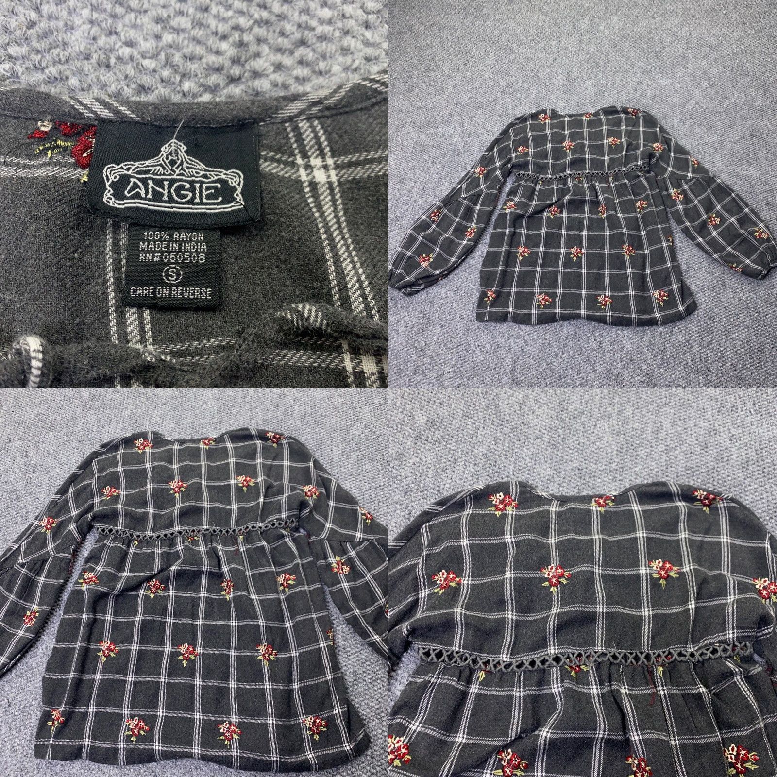 Vintage Angie Womens Shirt Small Black Plaid Flowers Hippie Boho Peasant Tunic Size S / US 4 / IT 40 - 8 Thumbnail