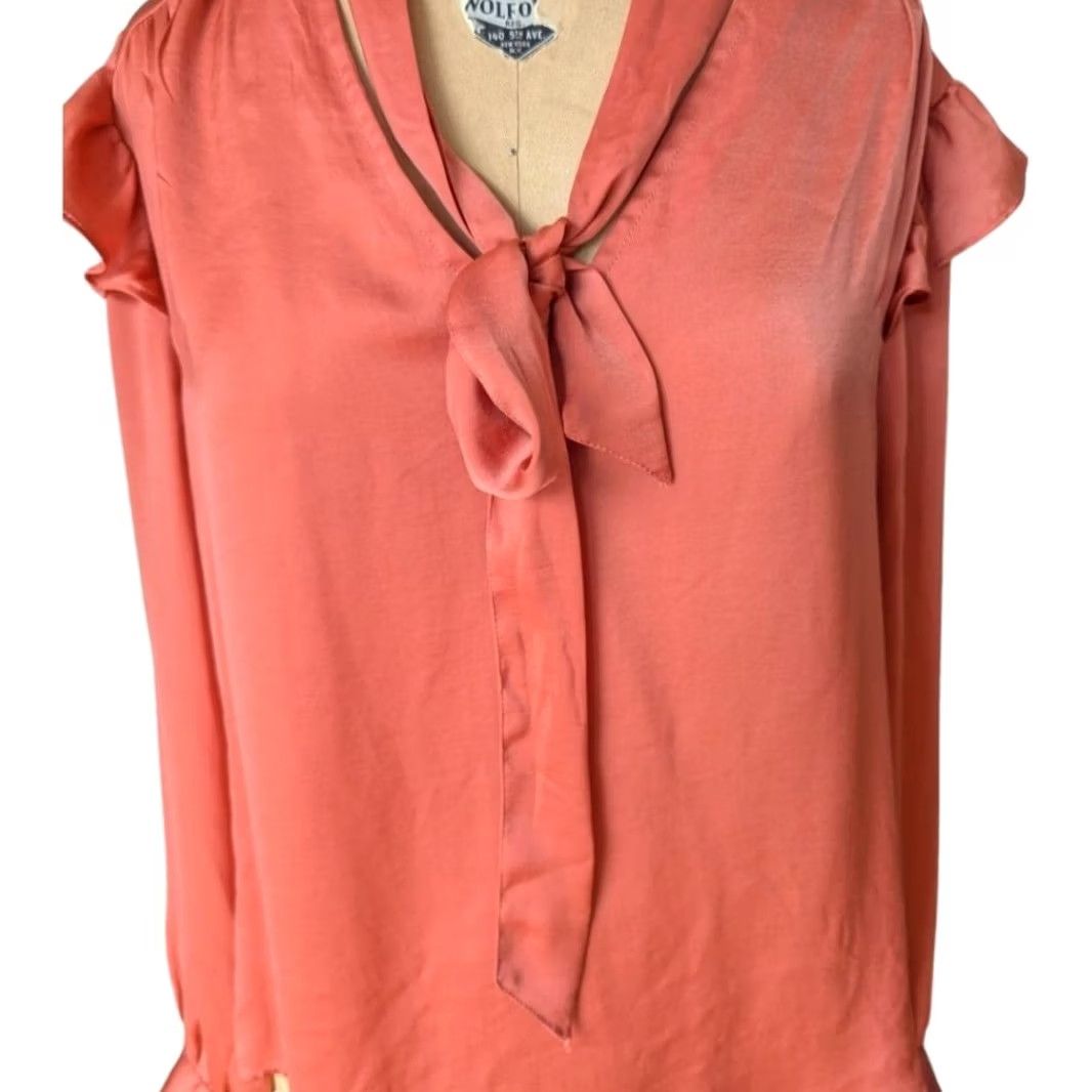 Vintage Bleuh Ciel Terracotta Satin Blouse Long Sleeve Tie Neck Ruffle Bow Button V-Neck Women L Pink Satin Blouse Casual Office Size L / US 10 / IT 46 - 2 Thumbnail