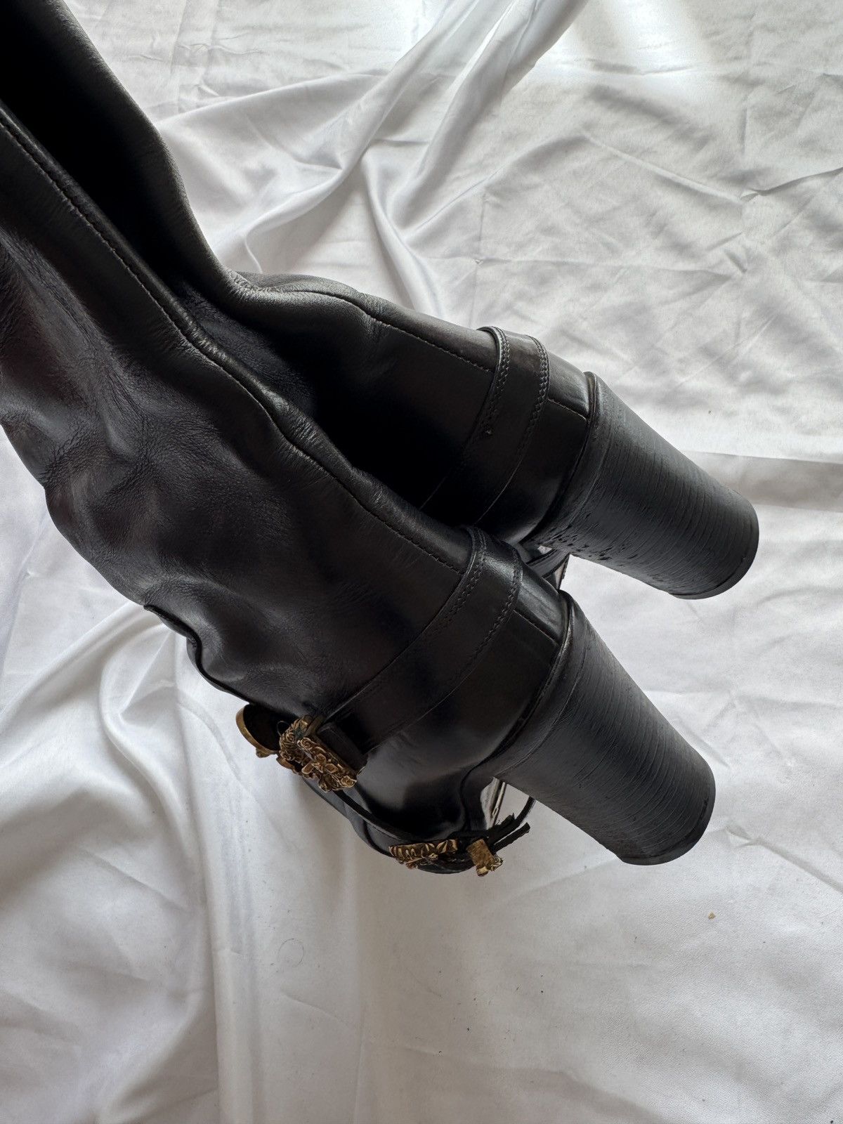 Dolce & Gabbana Dolce & Gabbana Black Leather Flower Embellished Knee Boots Size US 6 / IT 36 - 14 Thumbnail
