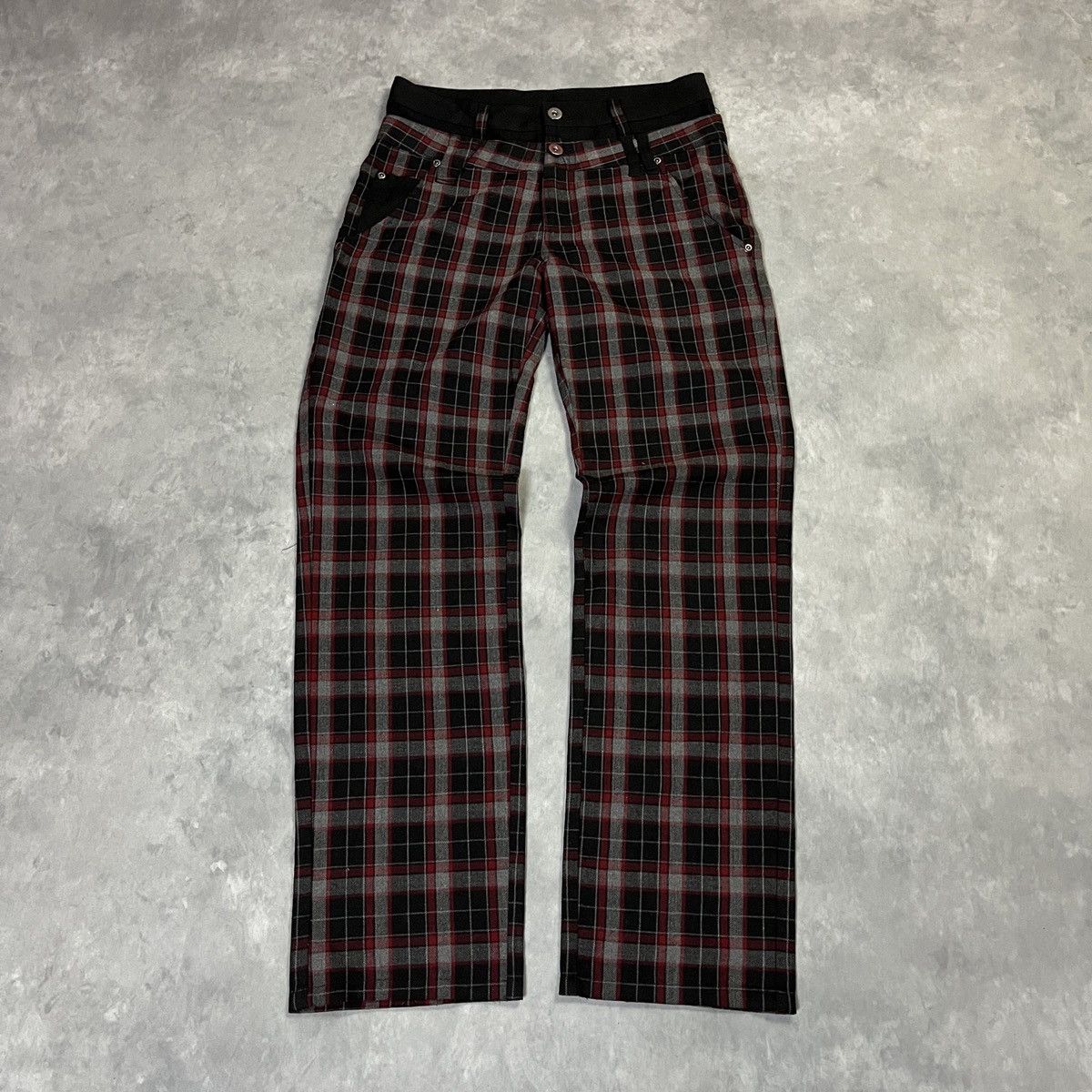 If Six Was Nine Japanese Brand Red Black Plaid Punk Trousers Zipper Pocket Size US 27 - 3 Thumbnail
