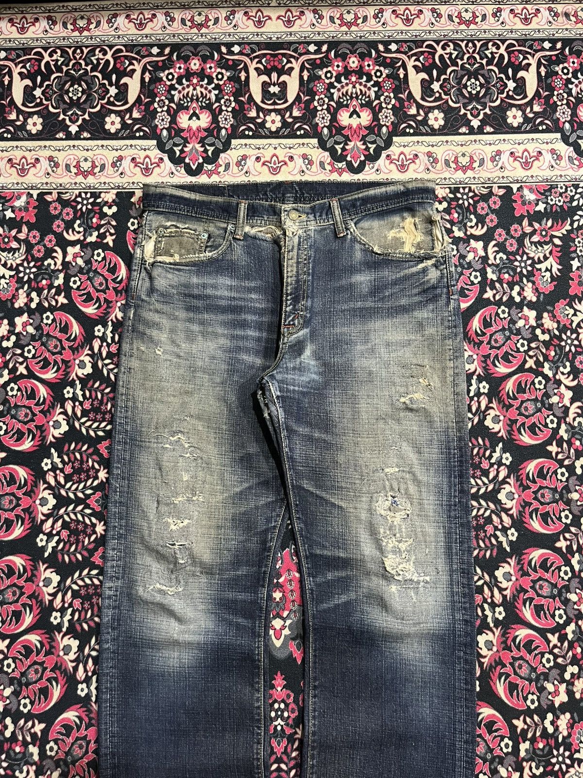 Vintage GL Heart Trashed Blue Faded Washed Loose Straight Jeans Size US 36 / EU 52 - 3 Thumbnail