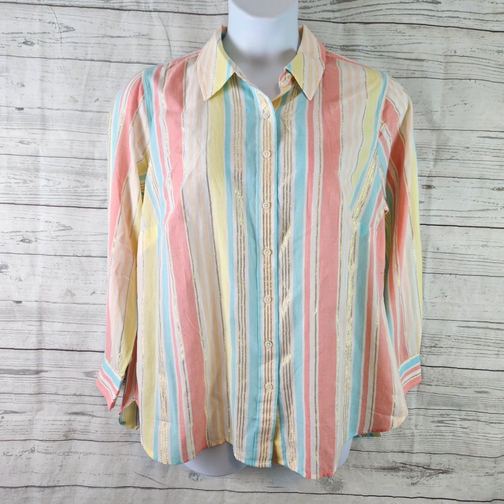 Talbots Talbots Womens Button Up Top Sz 1X Pink Blue Stripe Long Sleeve Cotton Blend Button-Up Shirt Womens Plus 1X Pink Stripe Vintage No (adjusted) Size XL / US 12-14 / IT 48-50 - 2 Thumbnail