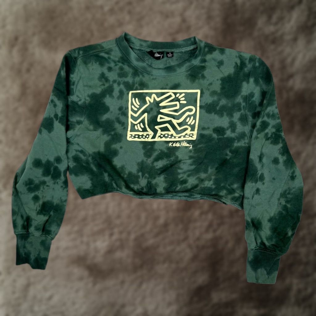 Vintage Keith Haring Sweatshirt Womens XL Green Tie-Dye Cropped Graphic Pullover Fleece Size XL / US 12-14 / IT 48-50 - 1 Thumbnail