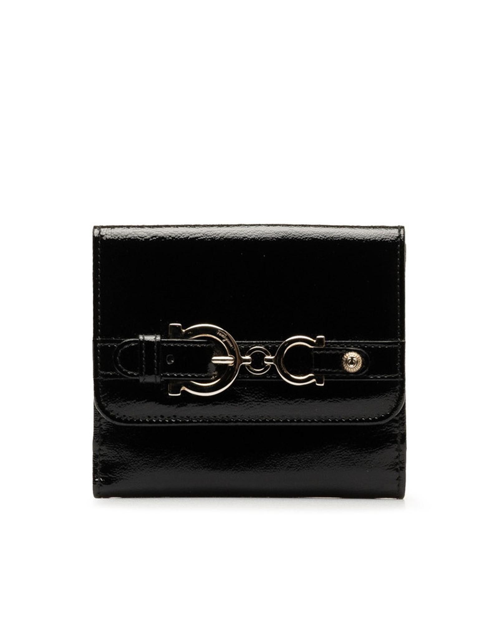 image of Salvatore Ferragamo Black Patent Leather Bifold Wallet With Gancini Design, Women's