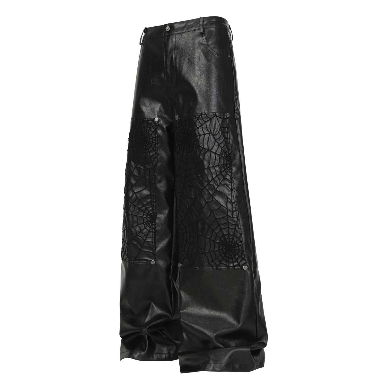 Japanese Brand Black Wide Leg Leather Pants, Embossed Spiderweb Design Size US 32 / EU 48 - 7 Thumbnail