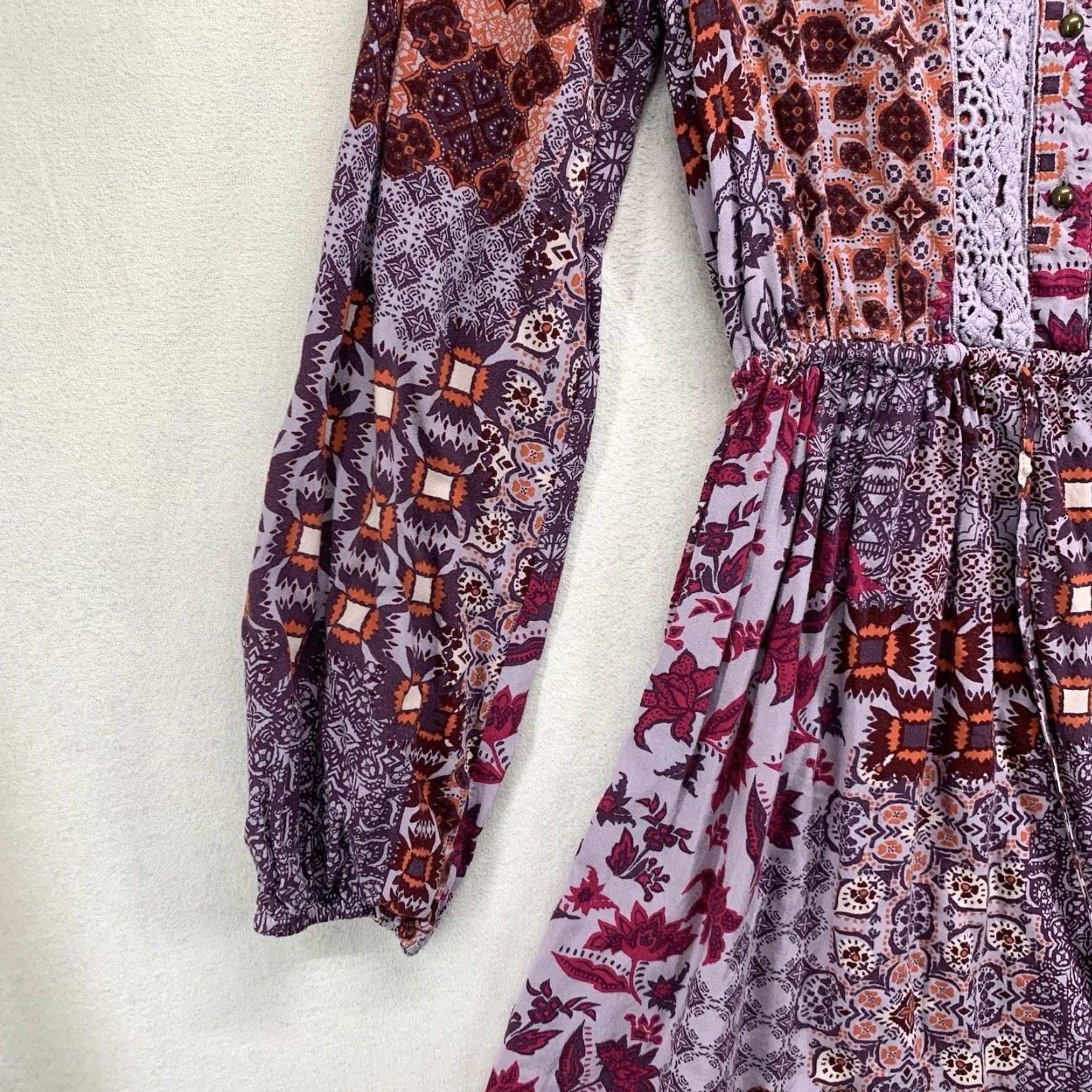 Vintage Knox Rose Geometric Midi Dress XS Purple Long Sleeve V-Neck Embroidered Hippie Bohemian Womens Size XS / US 0-2 / IT 36-38 - 5 Thumbnail