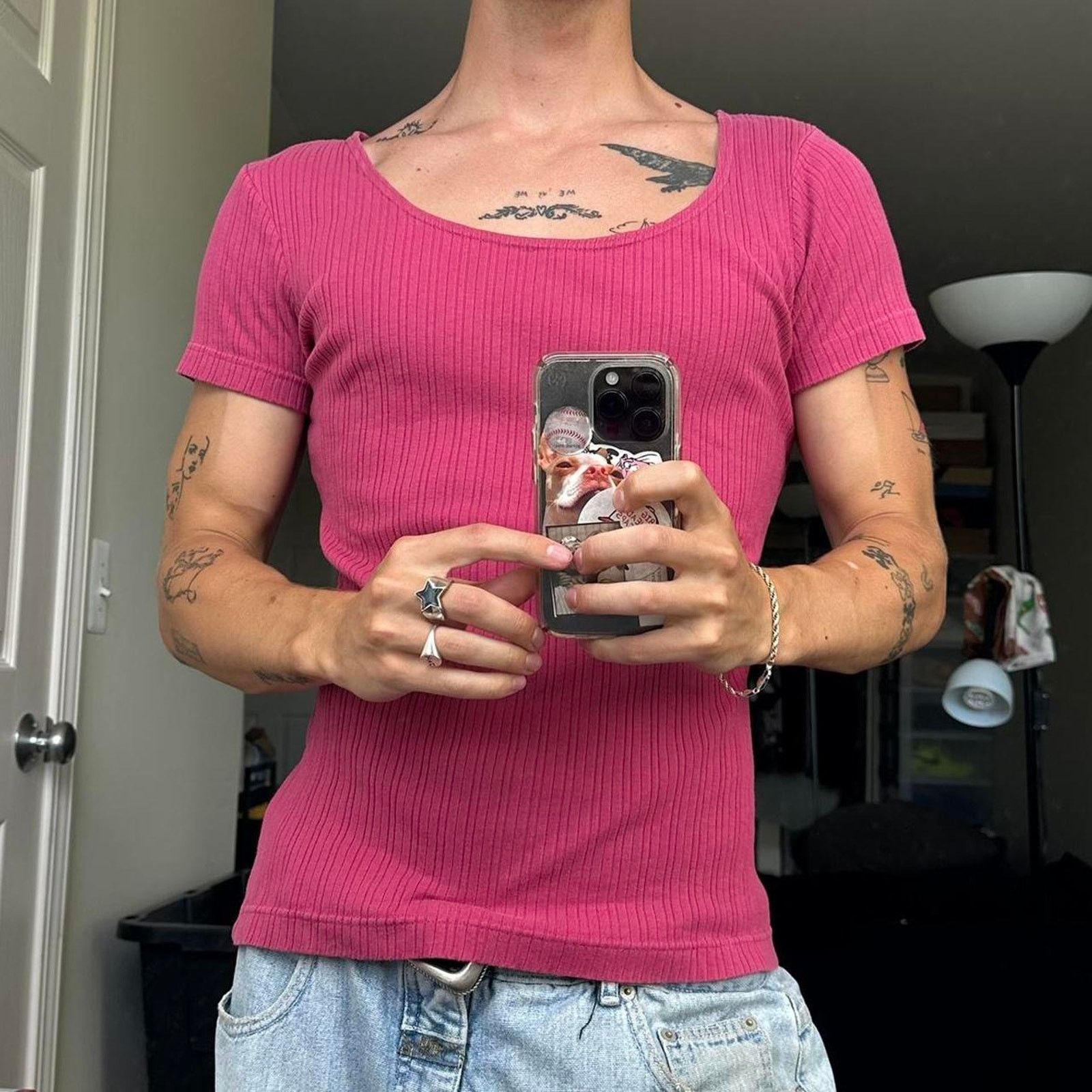 Gap × Vintage Vintage 00s Y2K Gap Pink Ribbed Fitted Scoop Neck Basic Tee Size M / US 6-8 / IT 42-44 - 1 Thumbnail