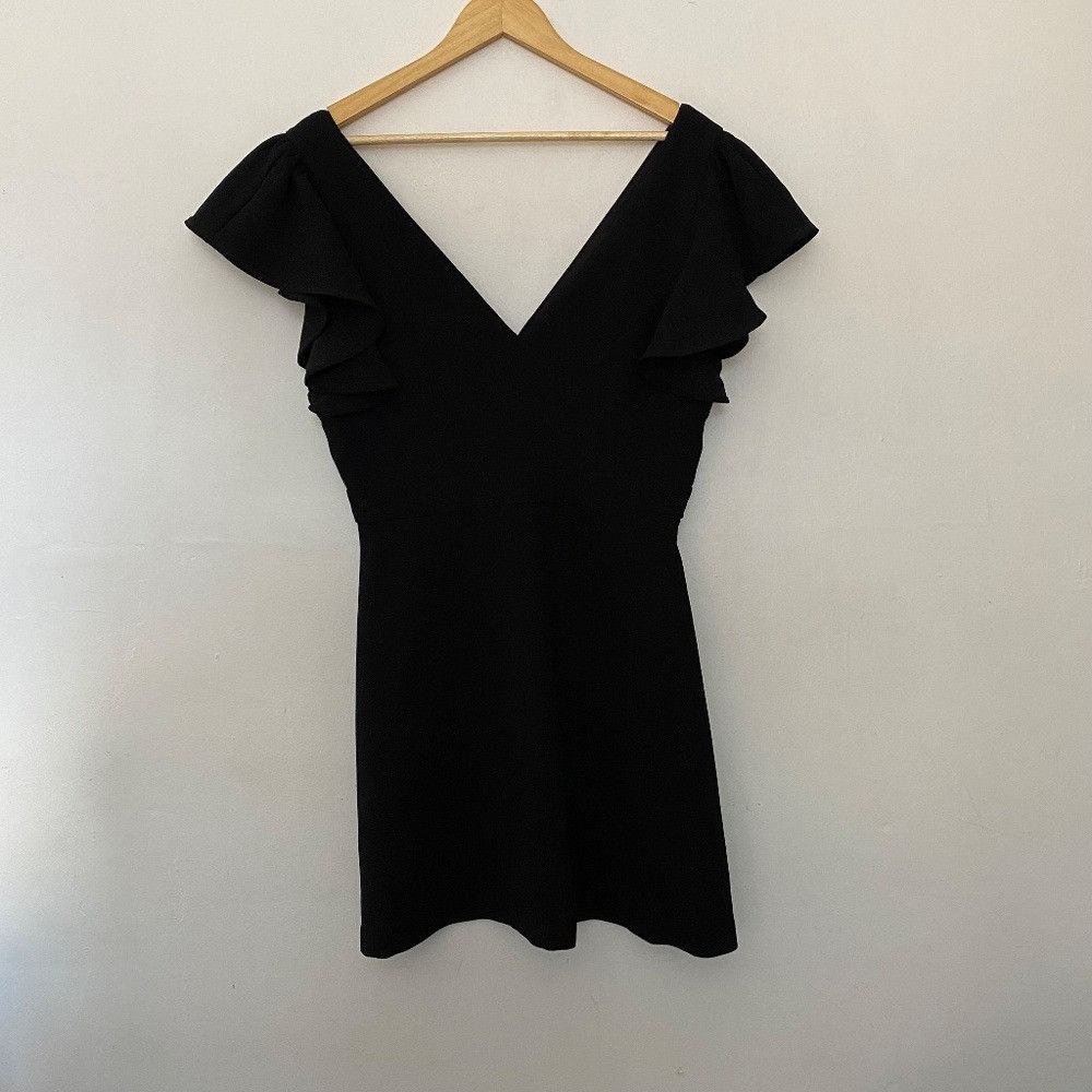 BCBGeneration BCBGeneration Black V-Neck Mini Ruffle Sleeve Little Black D Size L / US 10 / IT 46 - 1 Thumbnail