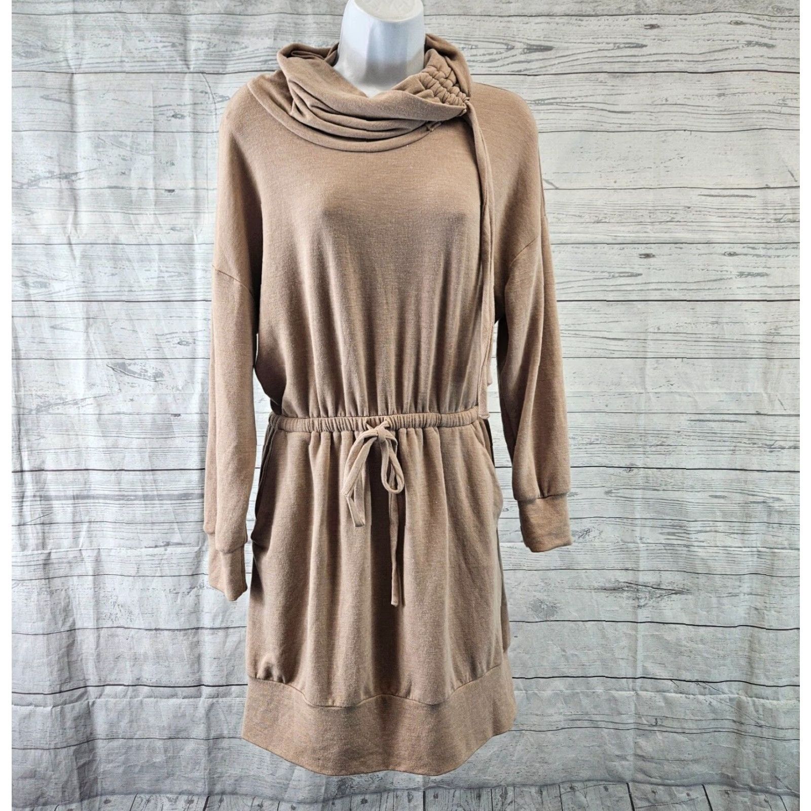 Vintage Gilli Womens Cowl Neck Dress Sz S Tan Long Sleeve Drawstring Waist Dress Size S / US 4 / IT 40 - 2 Thumbnail