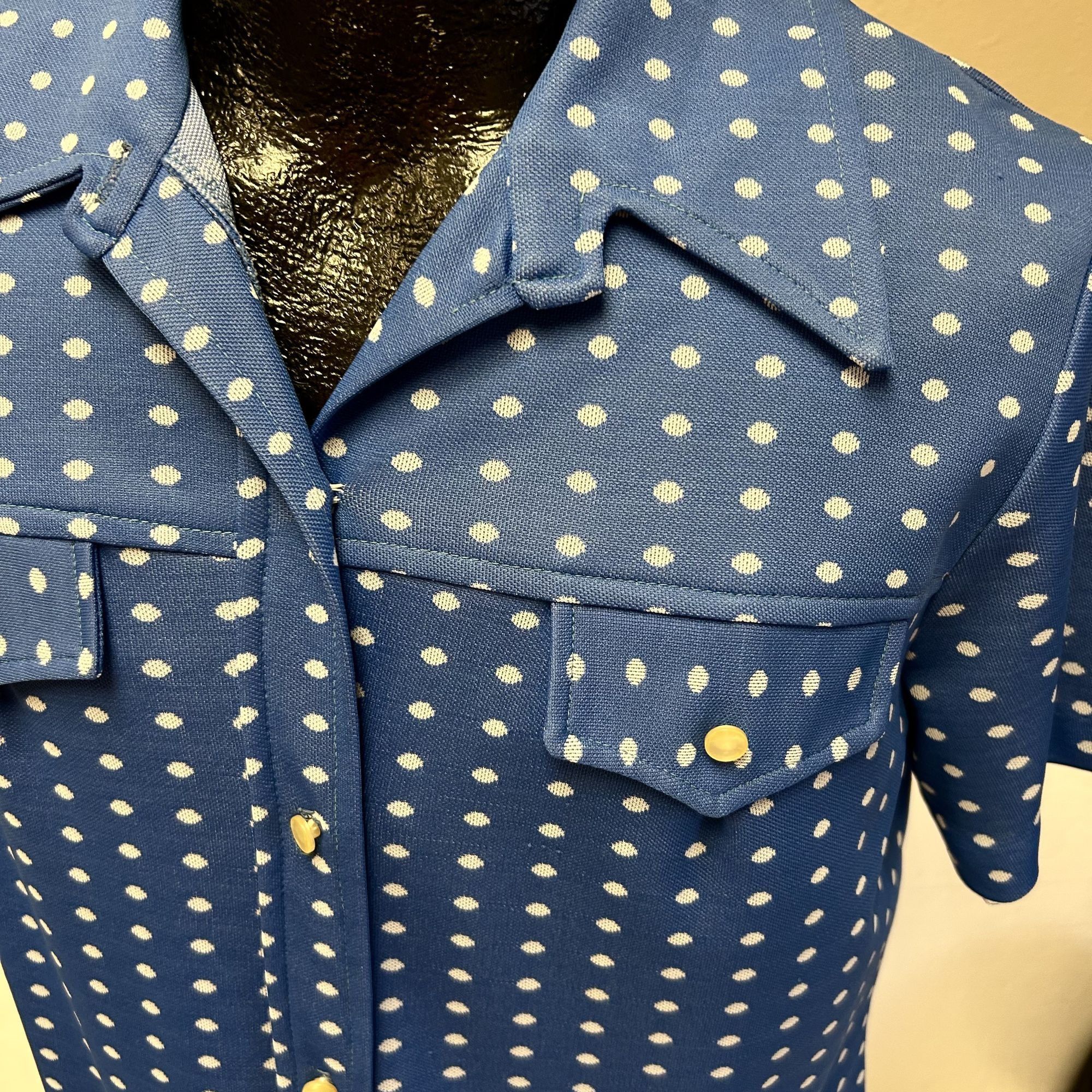 Vintage 60 70's MOD Blue POLKA DOT Collared House Dress 18.5 42 Size XXL / US 16-18 / IT 52-54 - 4 Thumbnail
