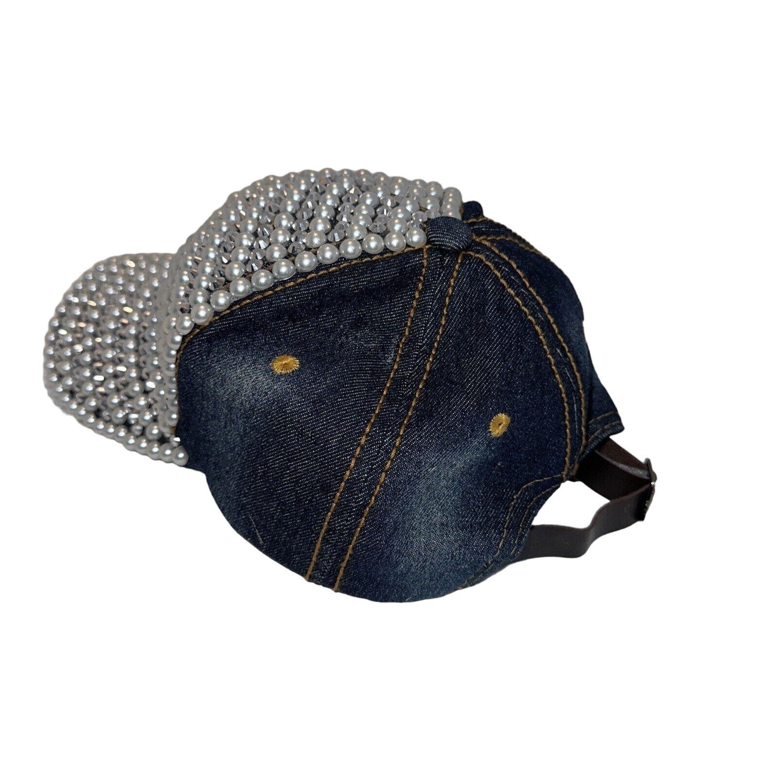 Other 29 Palms Cap Hat Faux Pearls & Rhinestone Blue Jean Leather Size ONE SIZE - 5 Thumbnail