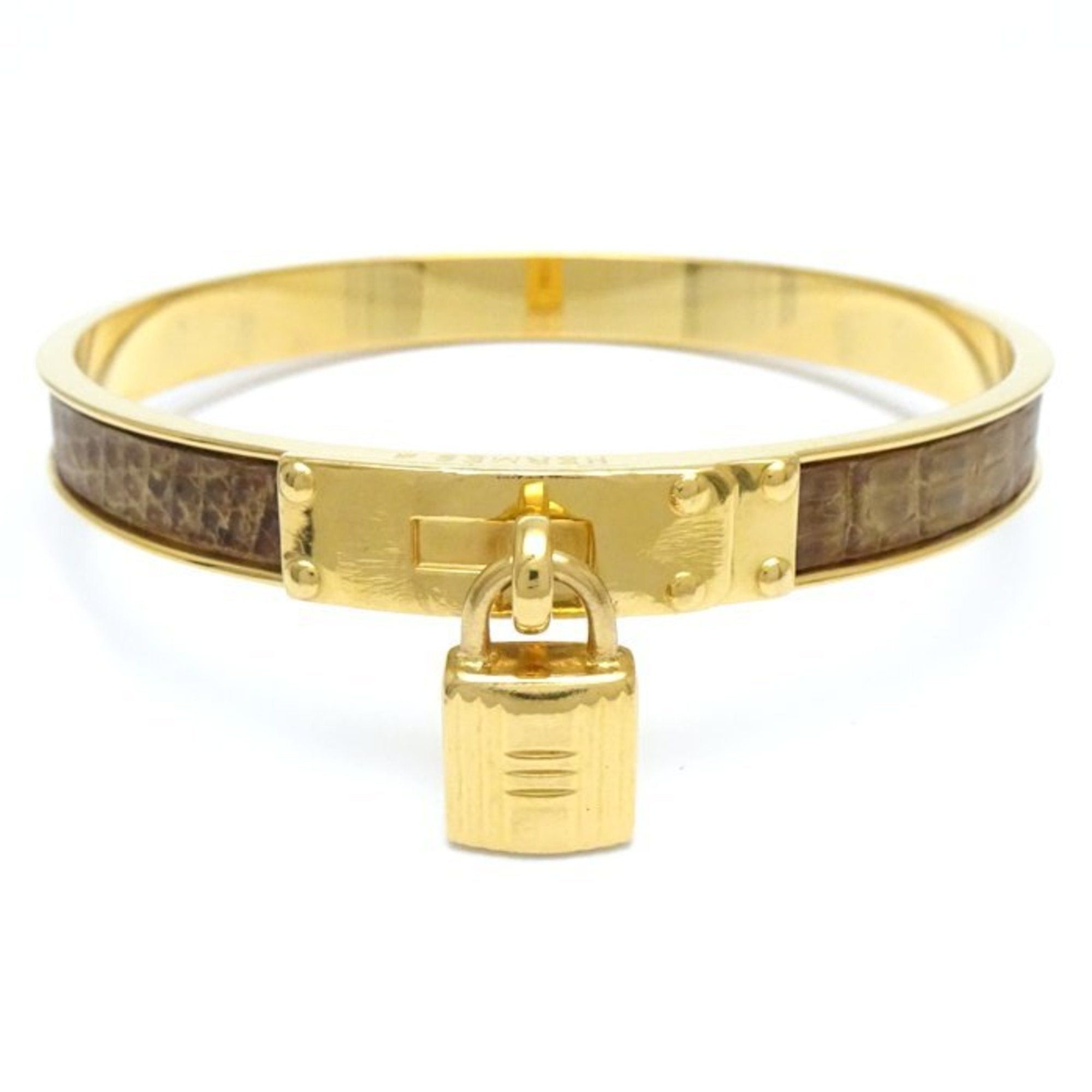 image of Hermes Kelly Bangle Padlock Gold X Brown Gp Plated Leather 291844, Women's