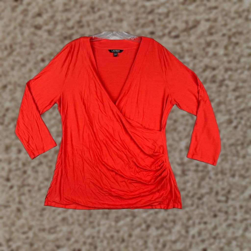 Ralph Lauren Lauren Ralph Lauren Shirt Women XL Orange Viscose Blend Black Label, Logo, Knit, T-Shirt, Casual, Regular, Long Sleeve, Pullover, V-Neck, City, 90s? Size XL / US 12-14 / IT 48-50 - 1 Thumbnail