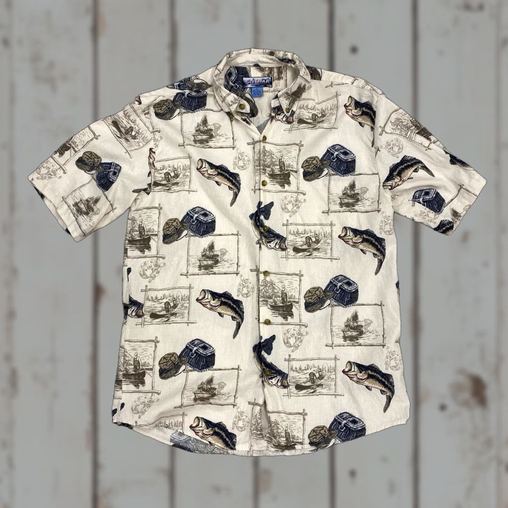 Vintage VINTAGE Summa Hawaiian Shirt Mens XL Fisherman Fish Print Rayon Linen Shirt Regular Bleached Blue 90s American Outdoor Retro Mens Size US XL / EU 56 / 4 - 1 Thumbnail