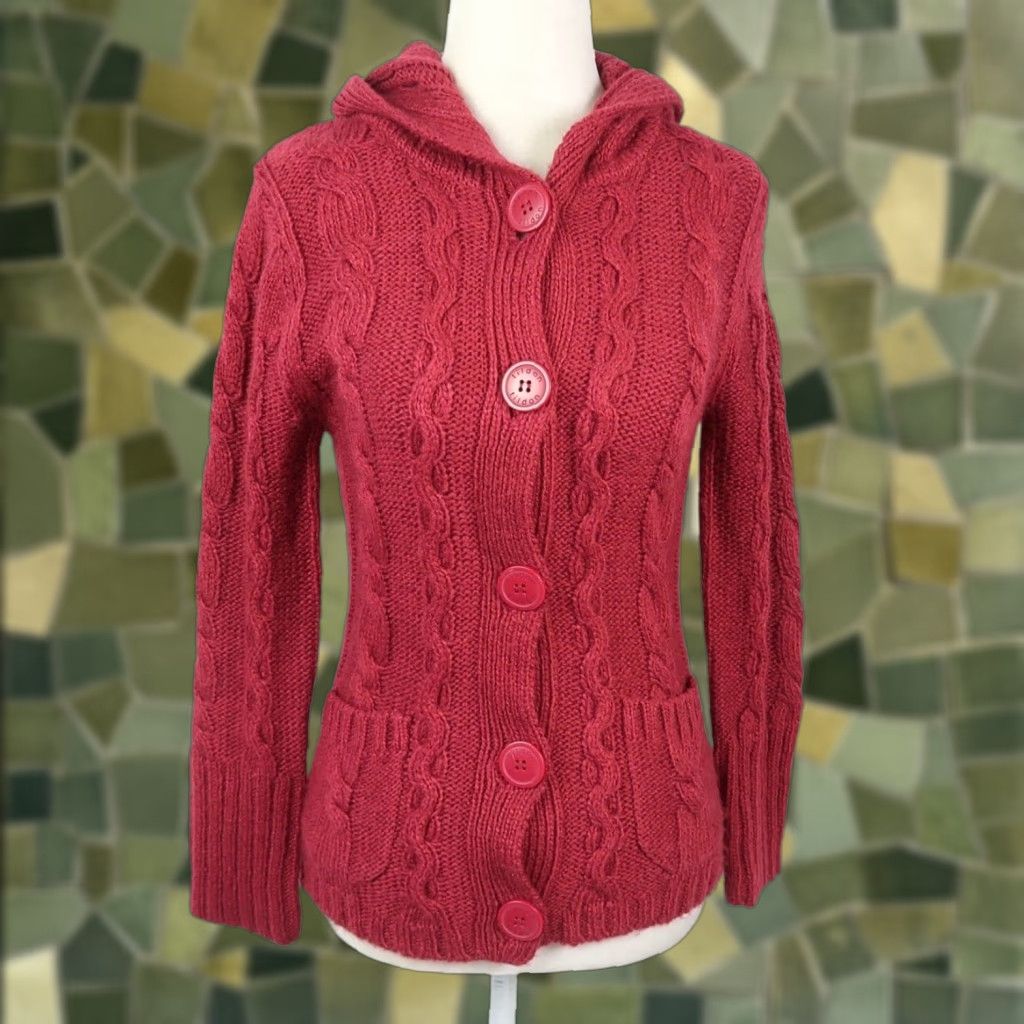 Vintage VINTAGE Tildon Cardigan Hooded Cable-Knit Wool Blend Red Burgundy Knit Sweater M Women Size M / US 6-8 / IT 42-44 - 1 Thumbnail