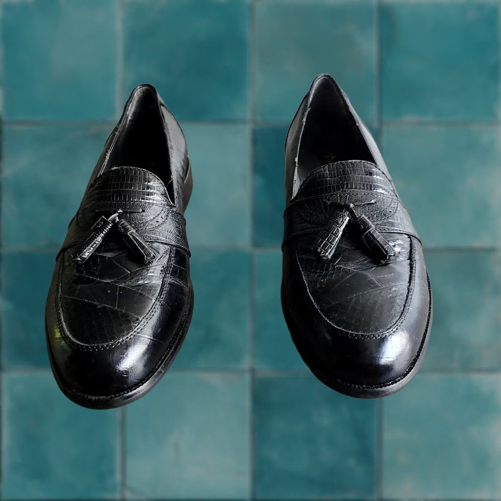 Stacy Adams Stacy Adams Men’s Shoes: Black Alberto Loafers-Snake Skin Leather Tassels, Dress, 8.5, Black, Leather, Snakeskin, Slip On, Round Toe, 2010-2019 Size US 9 / EU 42 - 1 Thumbnail