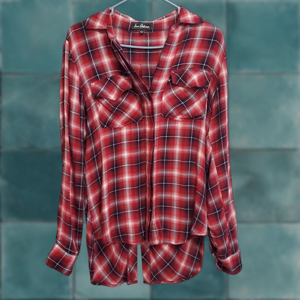 Sam Edelman VINTAGE Sam Edelman Shirt Women S Red Plaid Roll Tab Sleeve Button Up Fishtail Back Grunge Size S / US 4 / IT 40 - 1 Thumbnail