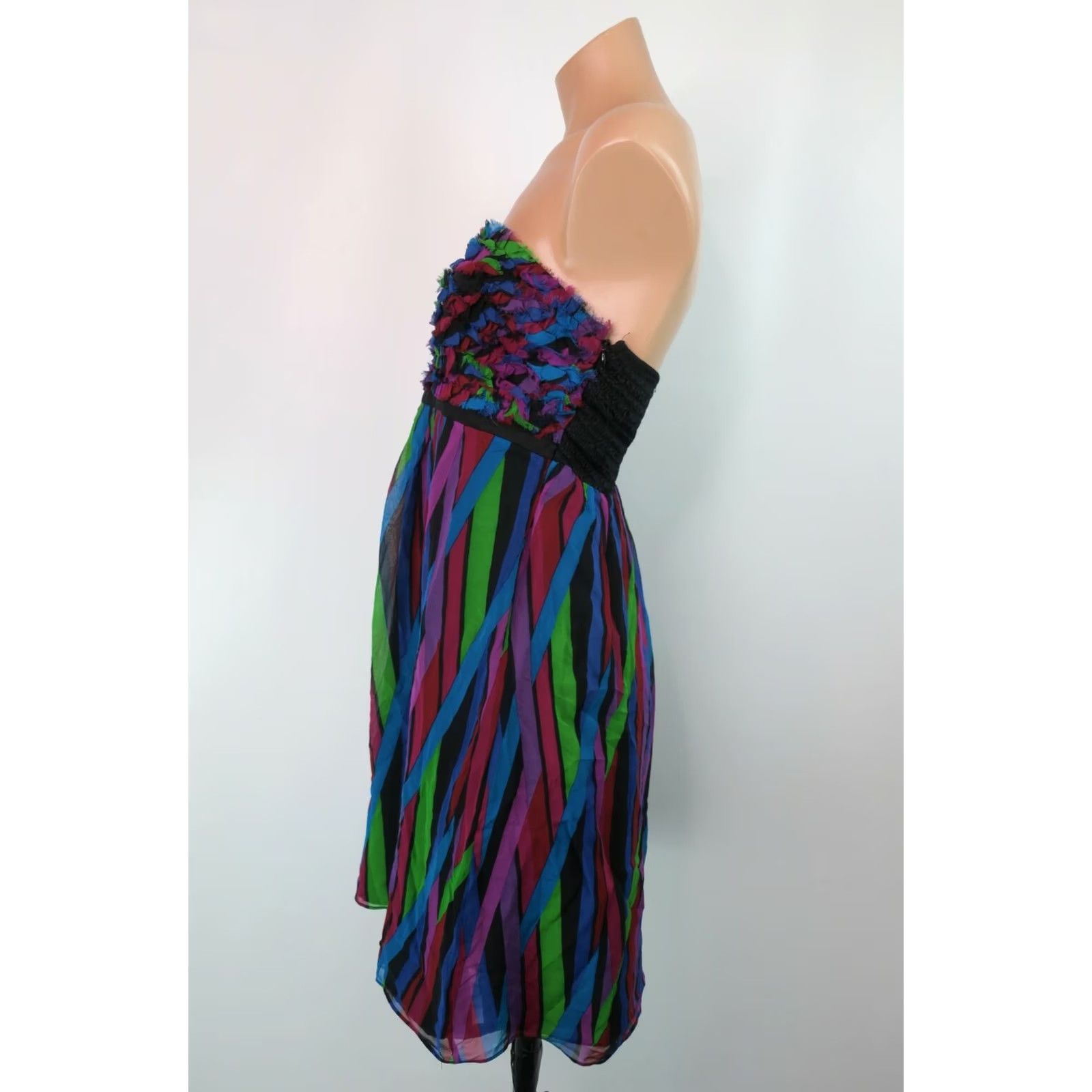 Betsey Johnson VINTAGE Betsey Johnson Rainbow Striped Silk Dress Sleeveless Strapless A-Line Prom Short 90s 8 Womens Girls Size M / US 6-8 / IT 42-44 - 5 Thumbnail