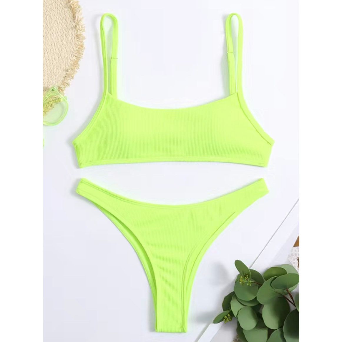 Other Athletic Style Rib Knit High Cut Thong Bikini Neon Yellow Size ONE SIZE - 1 Thumbnail