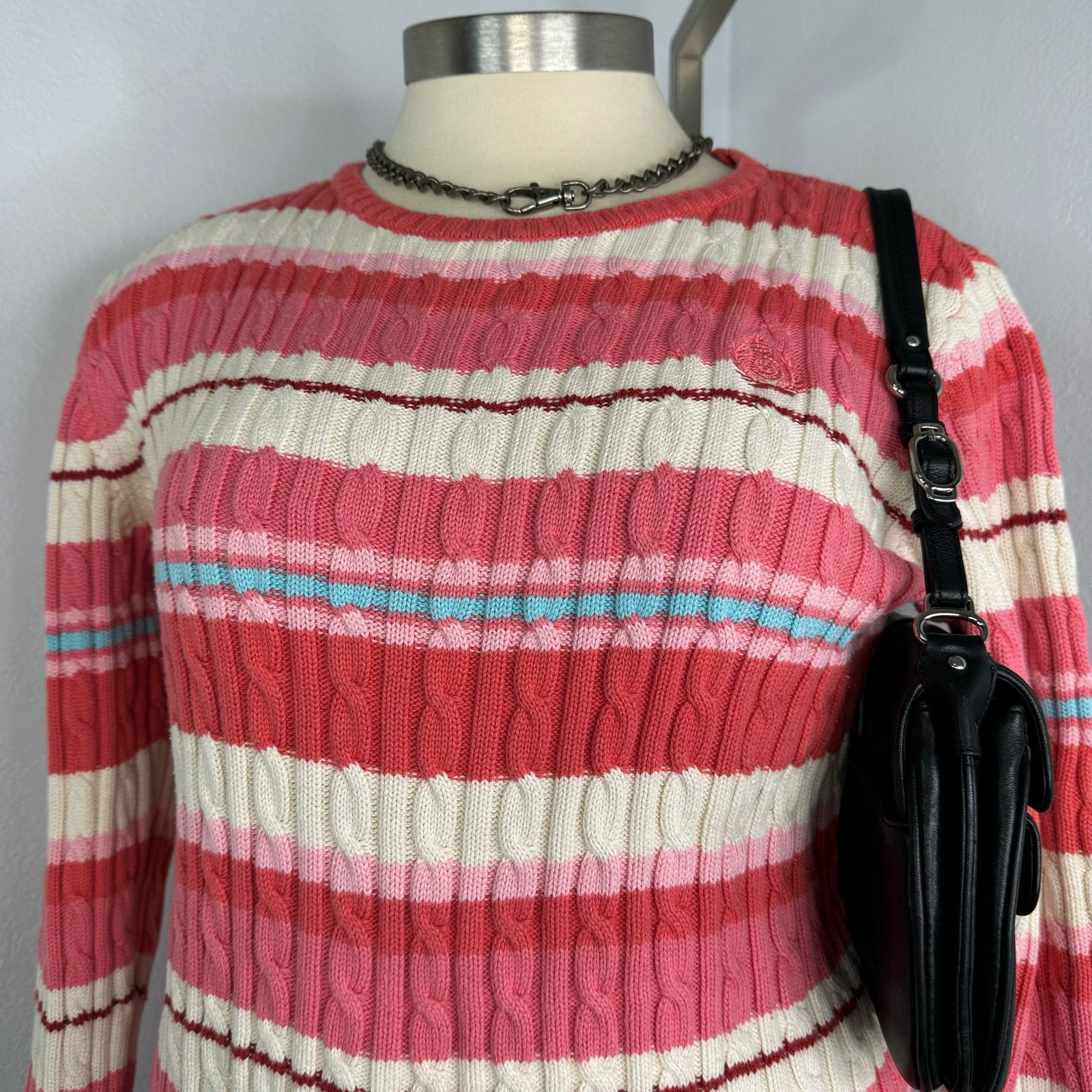 Vintage Y2k Liz Claiborne Striped Sweater Pink White Cable Knit Size L / US 10 / IT 46 - 2 Thumbnail