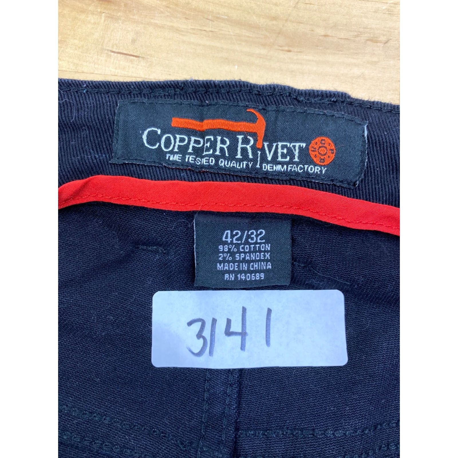 Vintage Copper Rivet Jeans Mens 42X32 Black Slim Fit Straight Denim 5-Pocket Zipper Belt Loops Stretch Cotton Blend Icon Logo #3141 Size US 42 / EU 58 - 5 Thumbnail