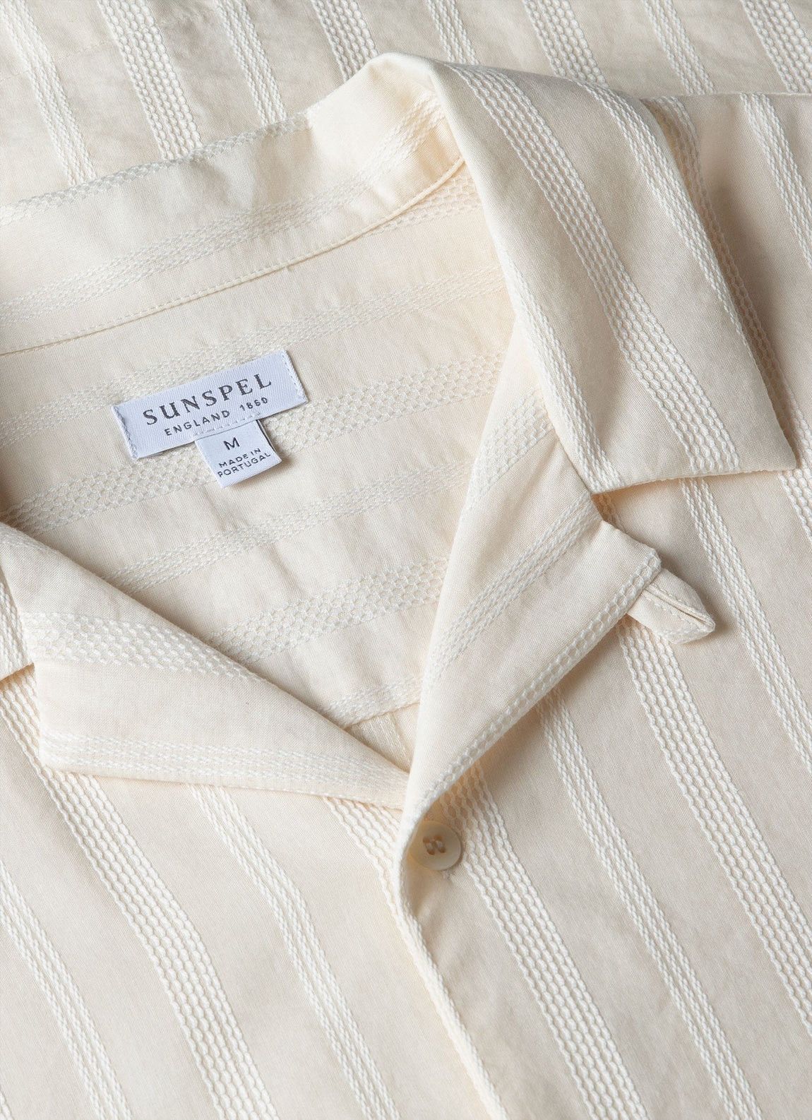 Sunspel Men’s S/S Embroidered Stripe Shirt in Ecru Size US M / EU 48-50 / 2 - 6 Thumbnail