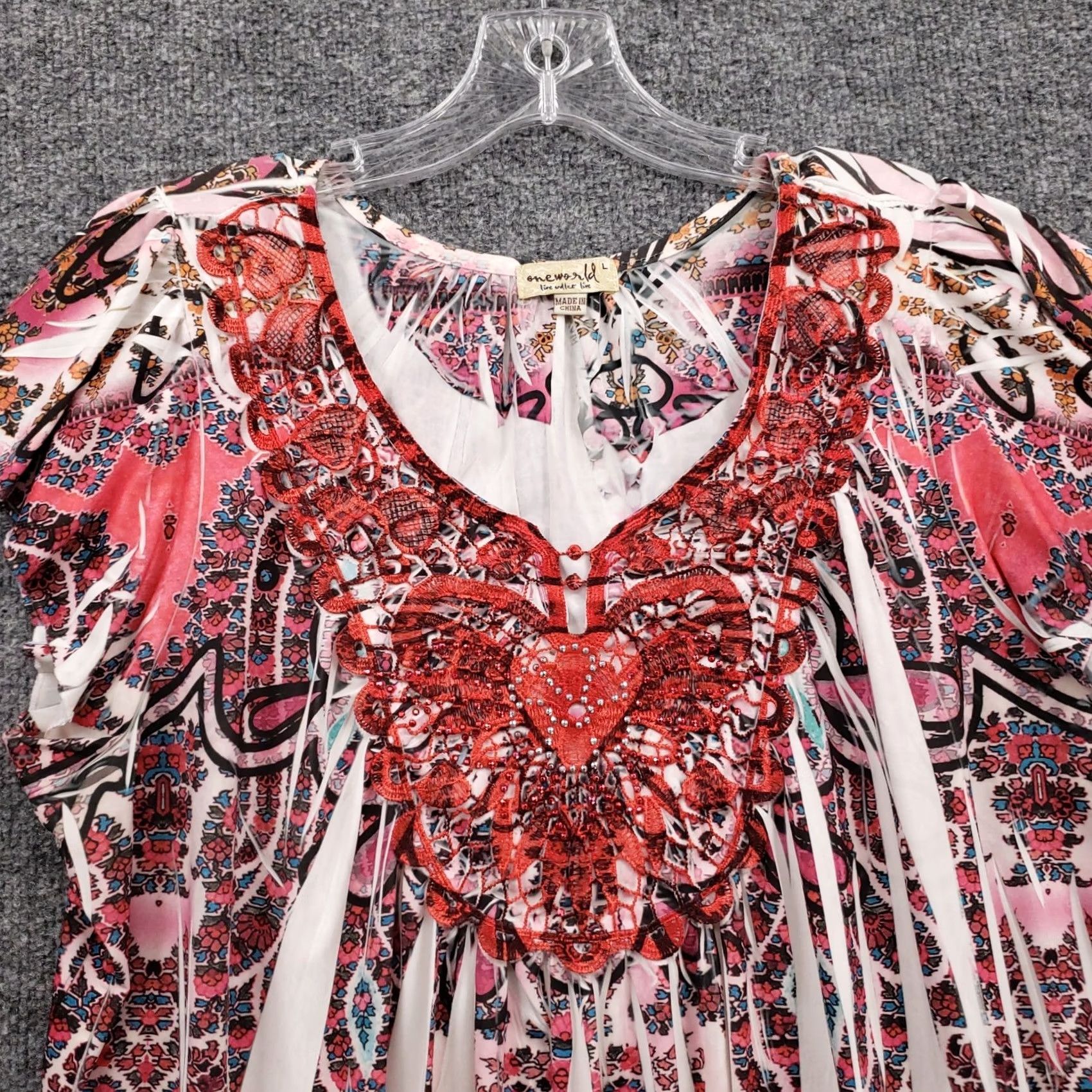 Vintage One World Blouse Shirt Womens Large Pink Paisley Embroidered Rhinestone Boho Embellished Pullover Smocked Hem Cap Sleeve V-Neck Size L / US 10 / IT 46 - 3 Thumbnail