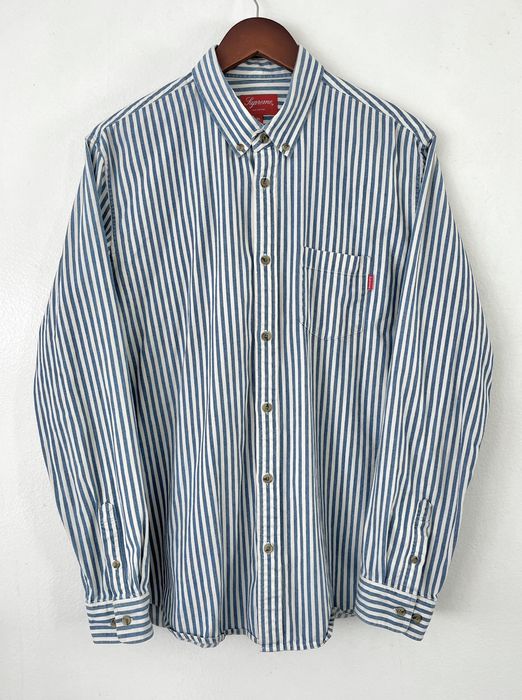 Supreme FW14 Striped Denim Twill Shirt XL Blue White Button Up