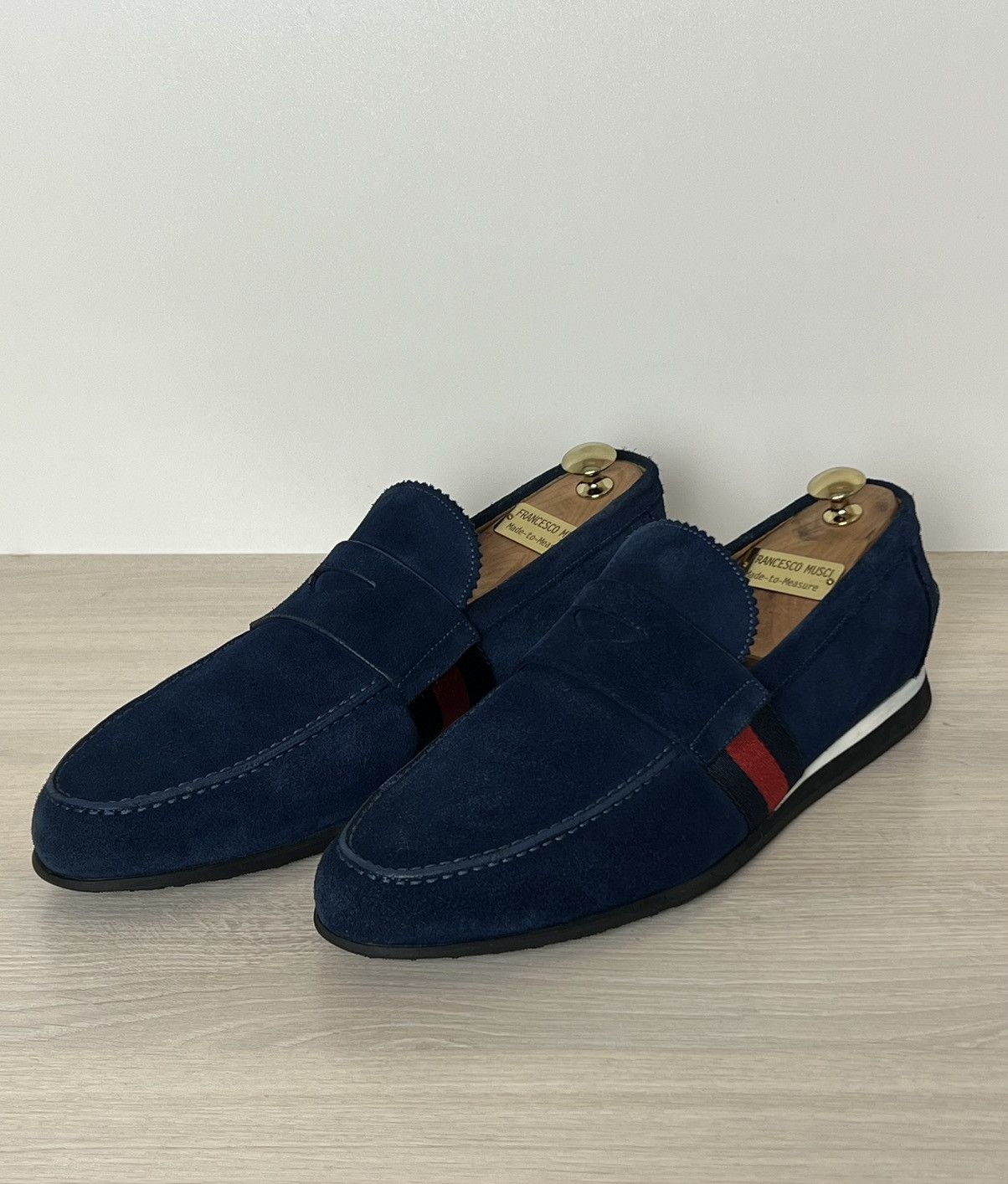 Gucci Suede Penny Loafers 233488 - Navy Blue - Web Stripe