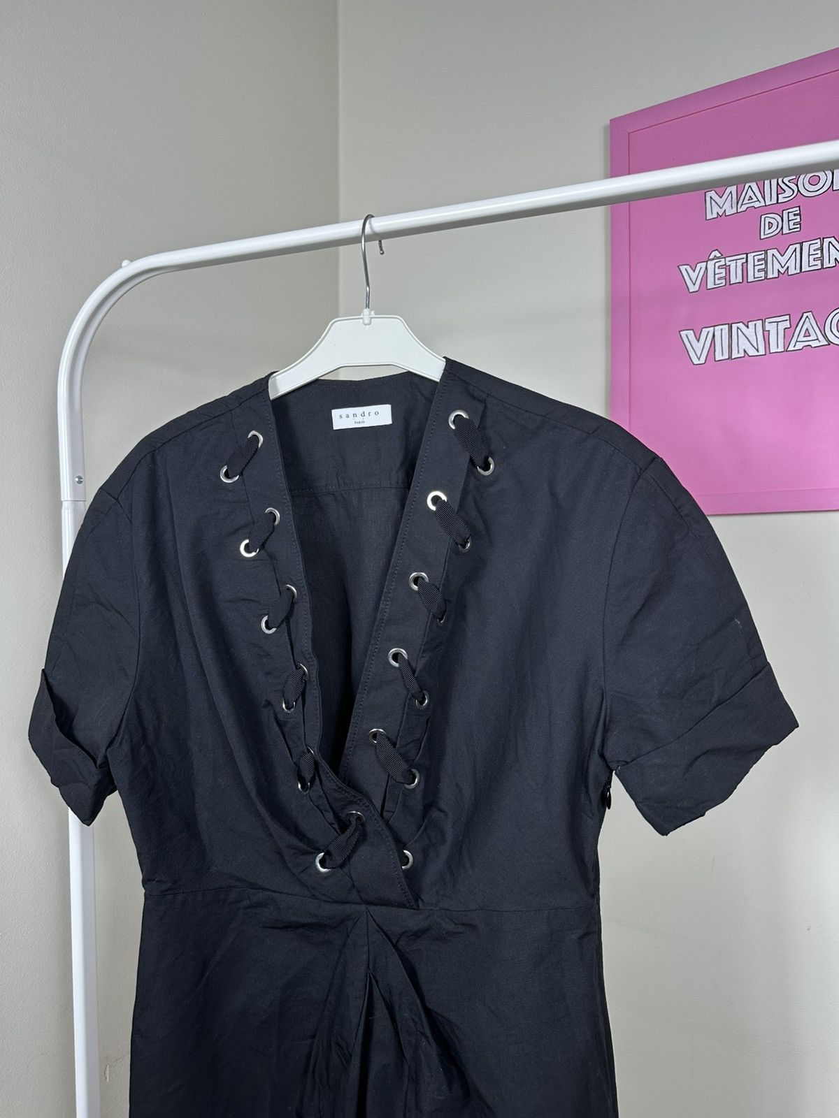 Sandro Sandro Paris Clara Lace-Up Mini Dress V-Neck Pleated Size S / US 4 / IT 40 - 4 Thumbnail