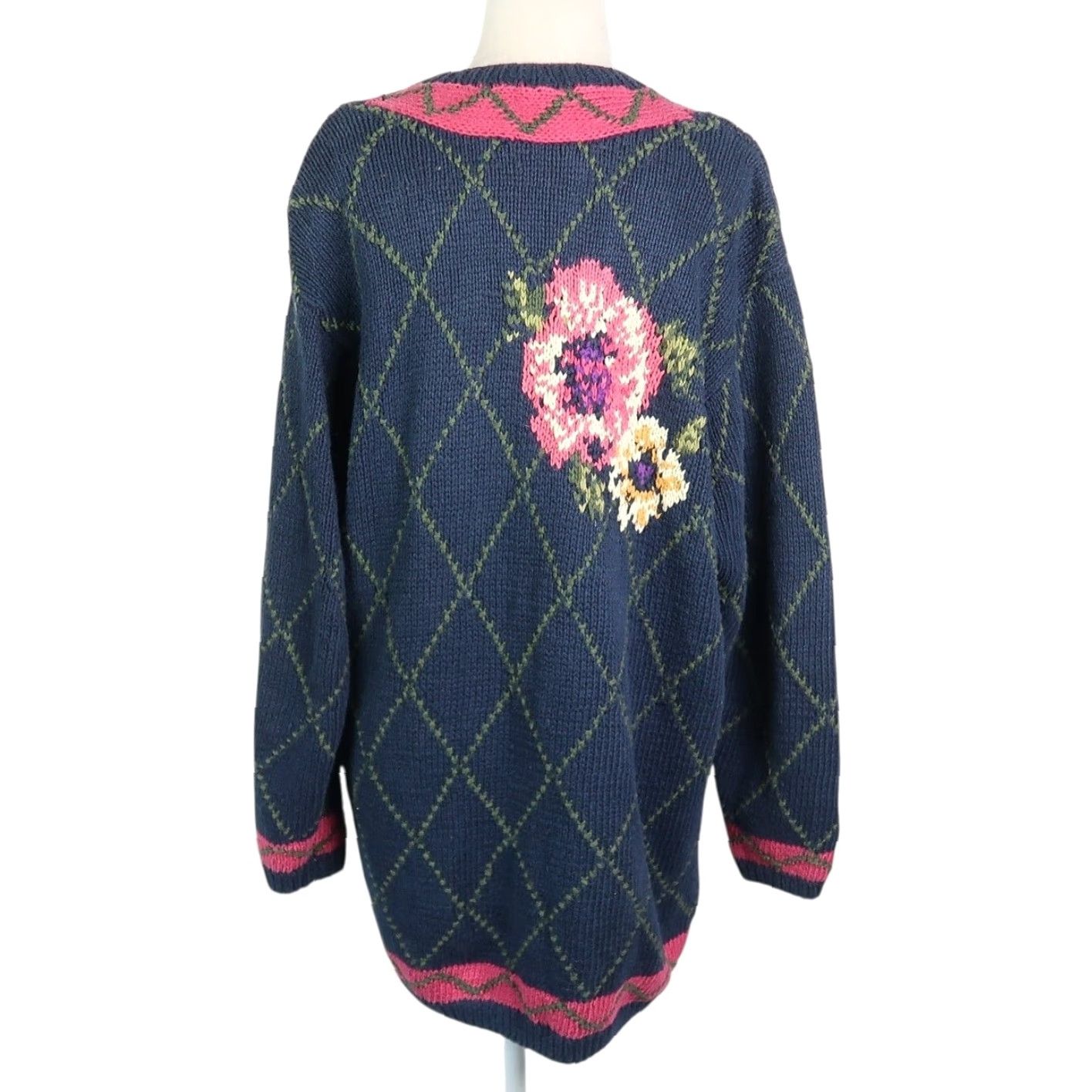 Liz Claiborne VINTAGE Liz Claiborne Cardigan Sweater Womens M Navy Blue Pink Floral 90s Bohemian Knit Cotton Linen Long Sleeve Casual Sweater 90s Size M / US 6-8 / IT 42-44 - 4 Thumbnail