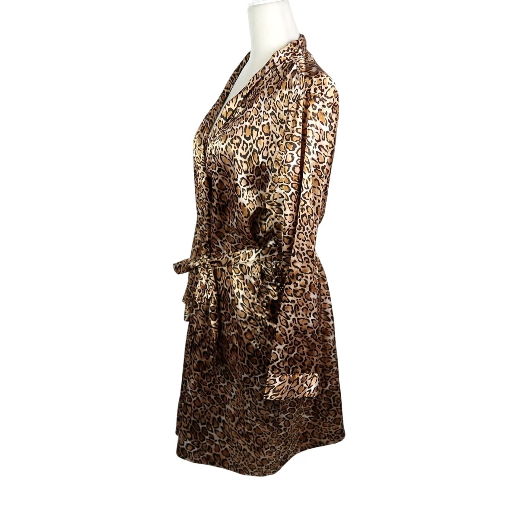 Vintage VINTAGE Morgan Taylor Brown Leopard Print Satin Robe S Womens Long Sleeve Polyester 90s Size ONE SIZE - 3 Thumbnail