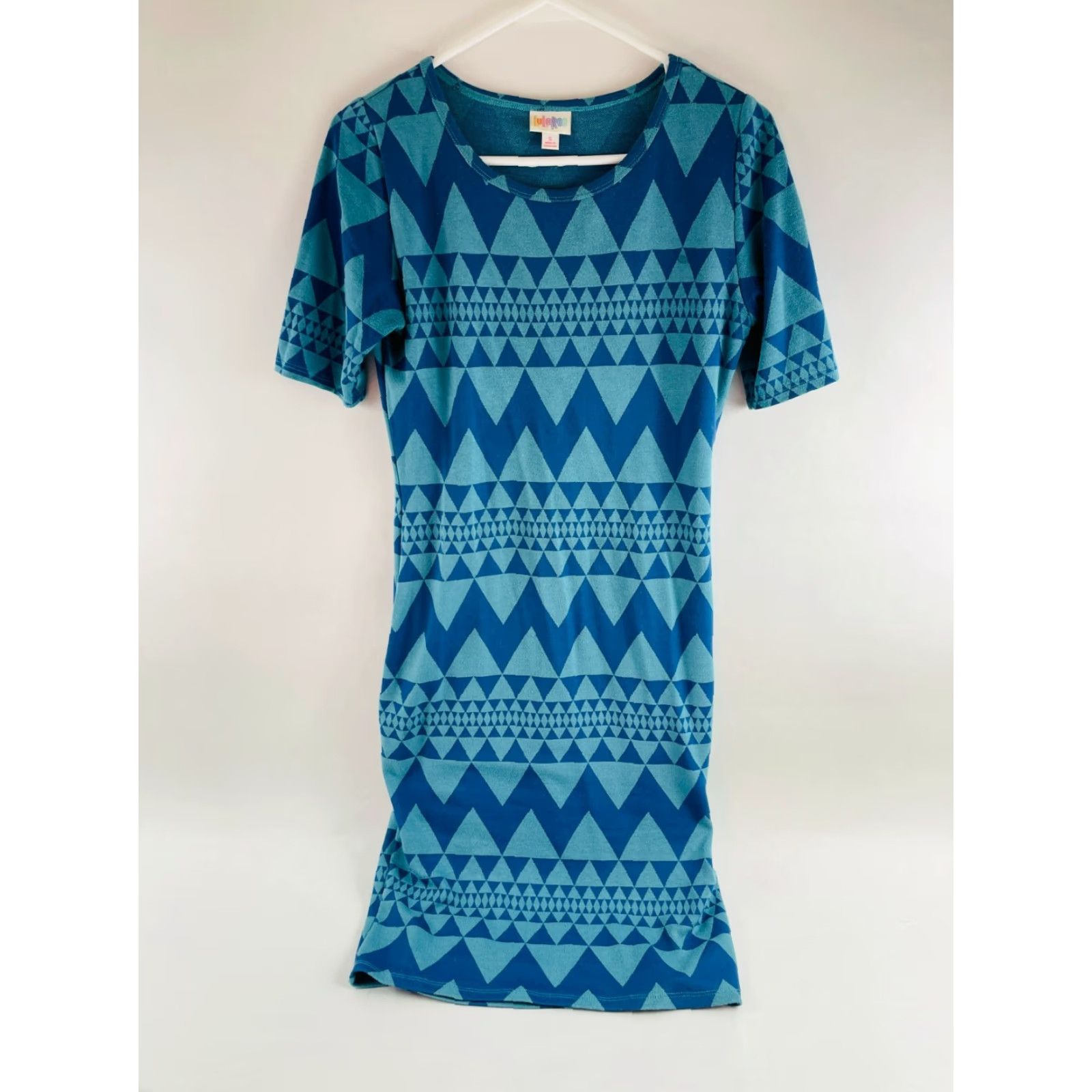 Vintage LuLaRoe Dress Women's Size Small Blue Herringbone Print Short Sleeve Maxi Julia Size 28" / US 6 / IT 42 - 2 Thumbnail