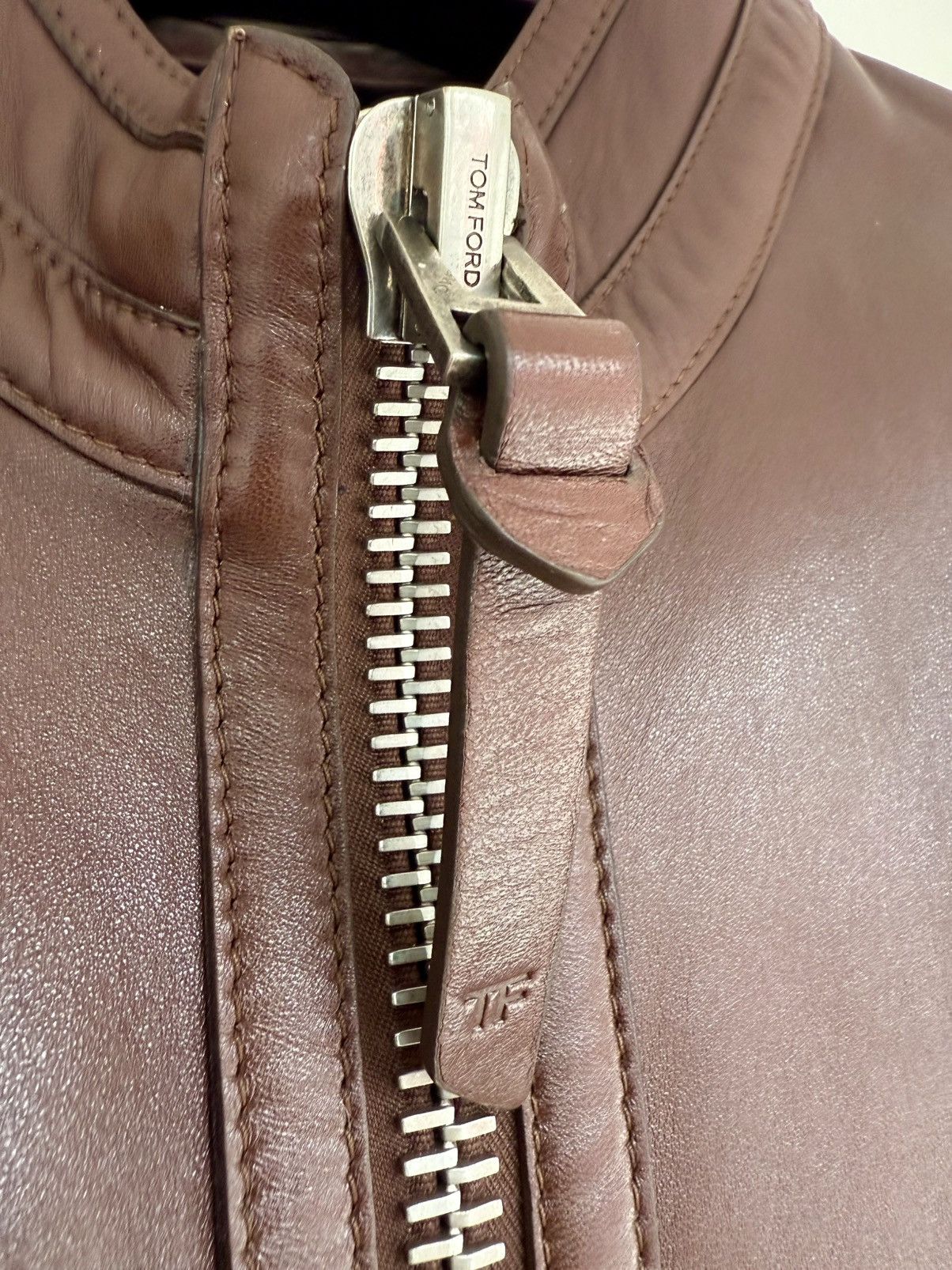 Tom Ford Tom Ford Plongé Leather Racer Jacket TFL717-BU401 Brown Size US XXL / EU 58 / 5 - 8 Thumbnail