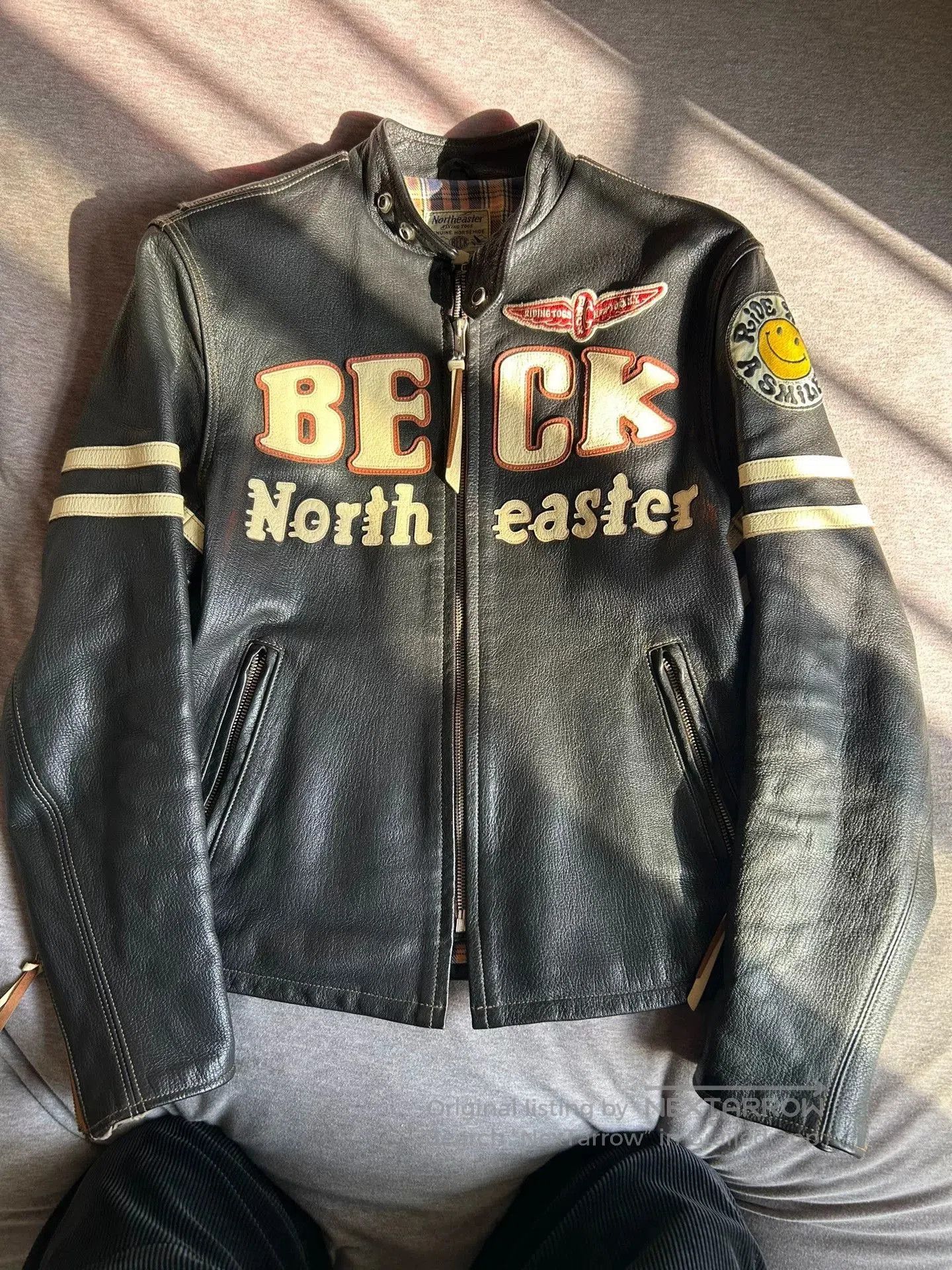 TOYS McCOY beck666 motorcycle leather jacket with smiley patches. Size US L / EU 52-54 / 3 - 1 Thumbnail
