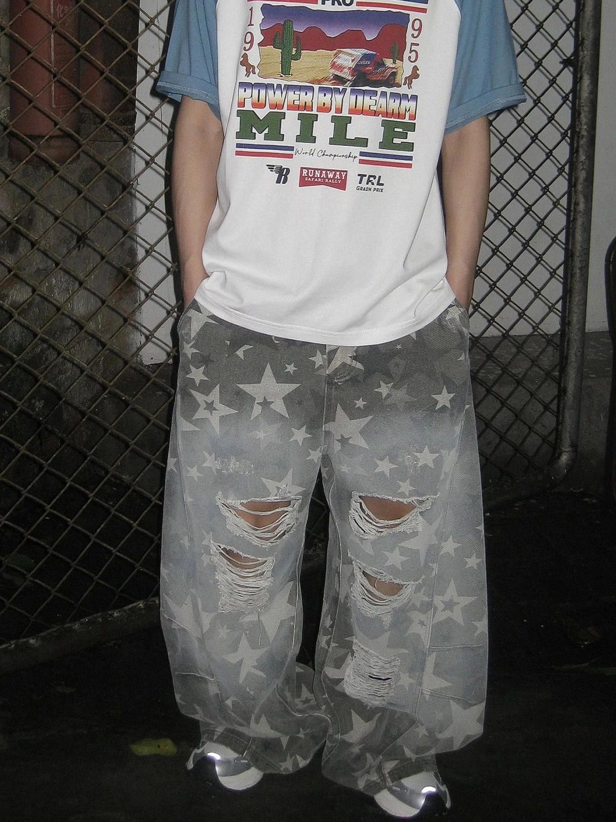 Japanese Brand Gray Star Print Distressed Baggy Jeans, Relaxed Fit Size US 32 / EU 48 - 5 Thumbnail