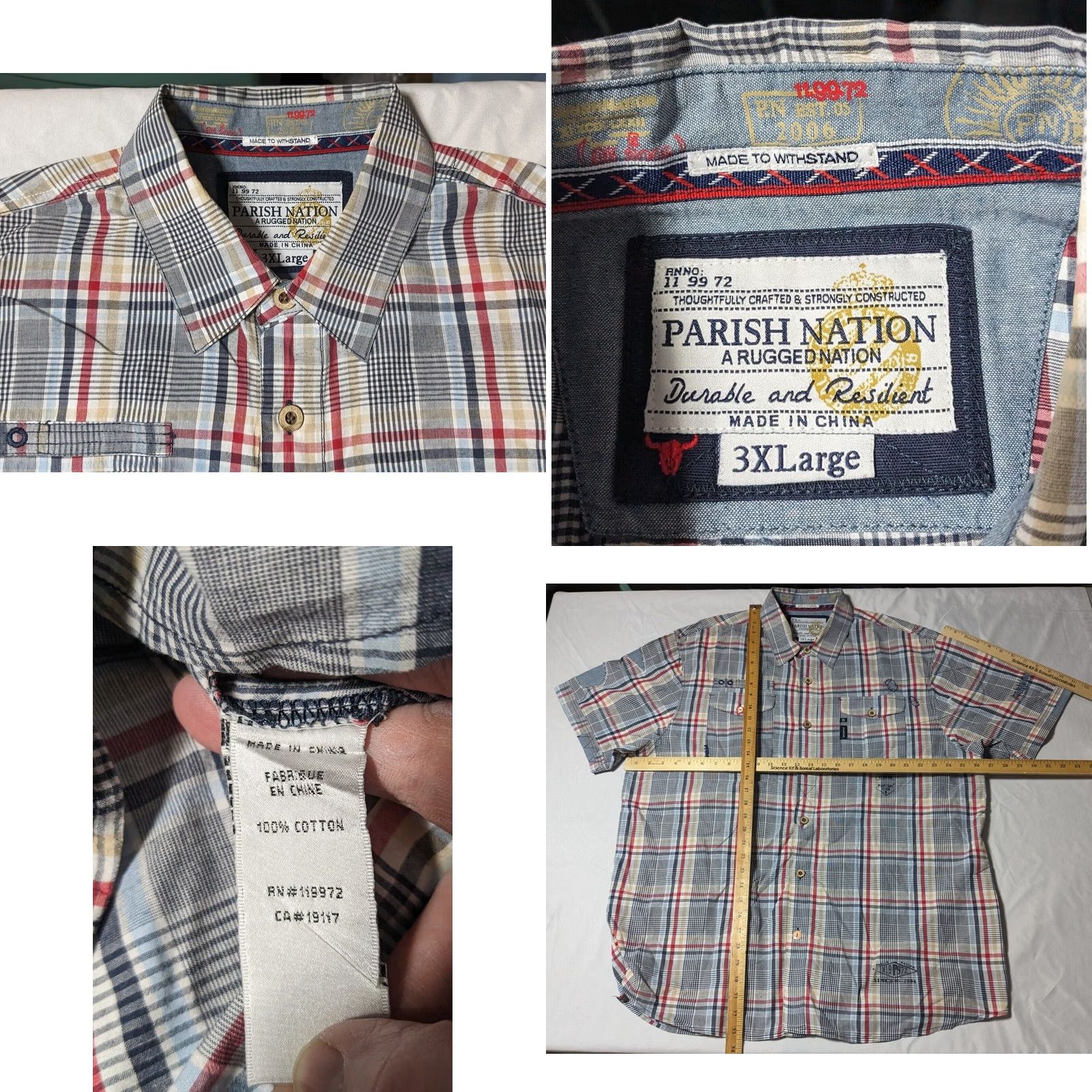 Vintage PARISH NATION Standing Strong Men 3XL Blue Plaid Embellished Shirt Size US XXL / EU 58 / 5 - 8 Thumbnail