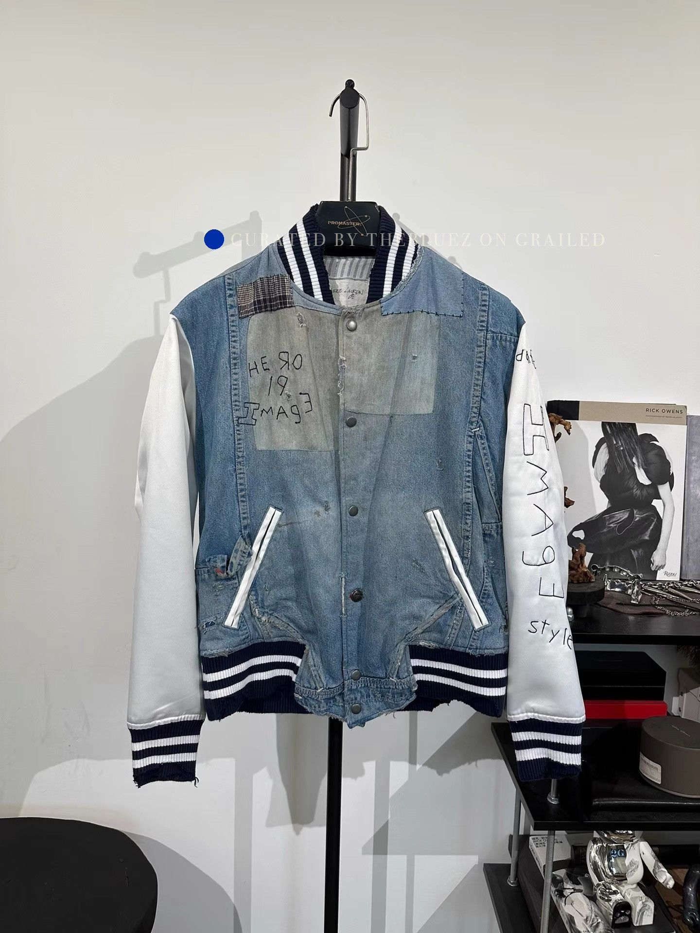 Greg Lauren Blue Denim Varsity Jacket with Patchwork and Embroidered Size US M / EU 48-50 / 2 - 1 Thumbnail