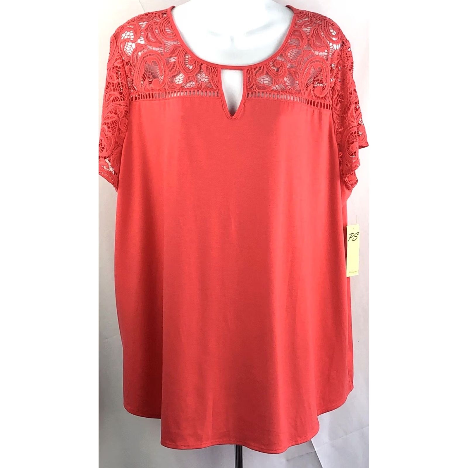 Vintage Per Seption Blouse Shirt Coral Short Sleeve Keyhole Neck 3X Lace Knit Polyester Blend Women’s NWT Size XXL / US 16-18 / IT 52-54 - 2 Thumbnail