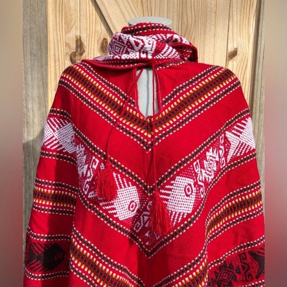 Other Vintage Red Knit Aztec Southwest Fish Fringe Poncho w/Scarf Size ONE SIZE - 2 Thumbnail