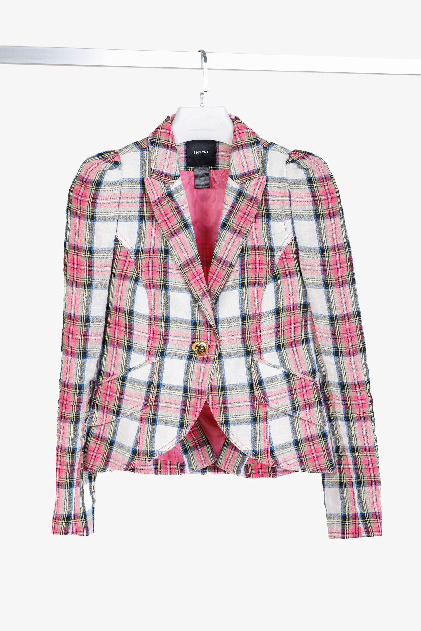 SMYTHE Smythe SS/20 Madras Plaid Pouf Sleeve One Button Blazer Size S / US 4 / IT 40 - 1 Thumbnail